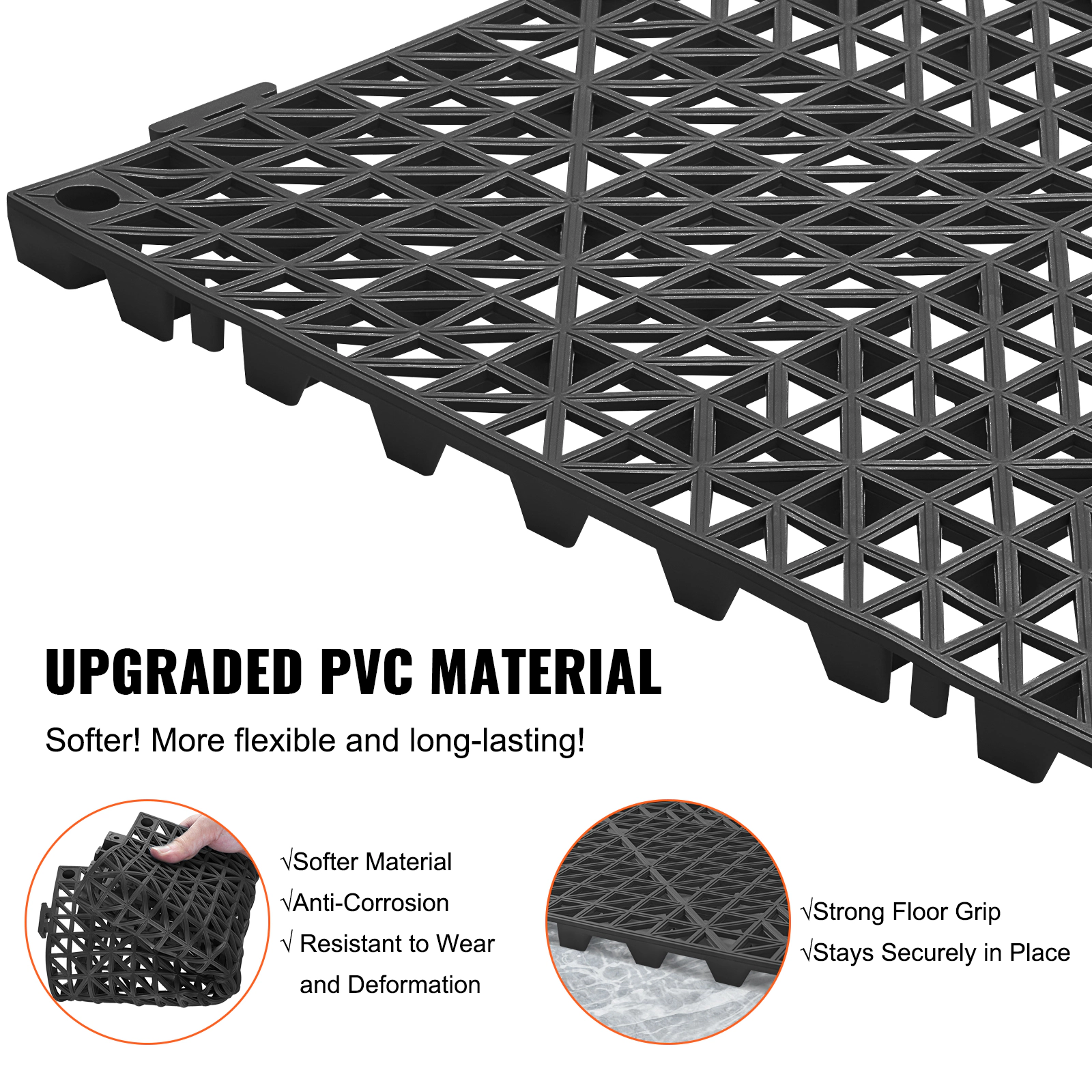 HONGGE 12-Pack PVC Interlocking Drainage Mats, 12 x 12 in Non-Slip Black Tiles for Bathroom, Pool & Kitchen Floors