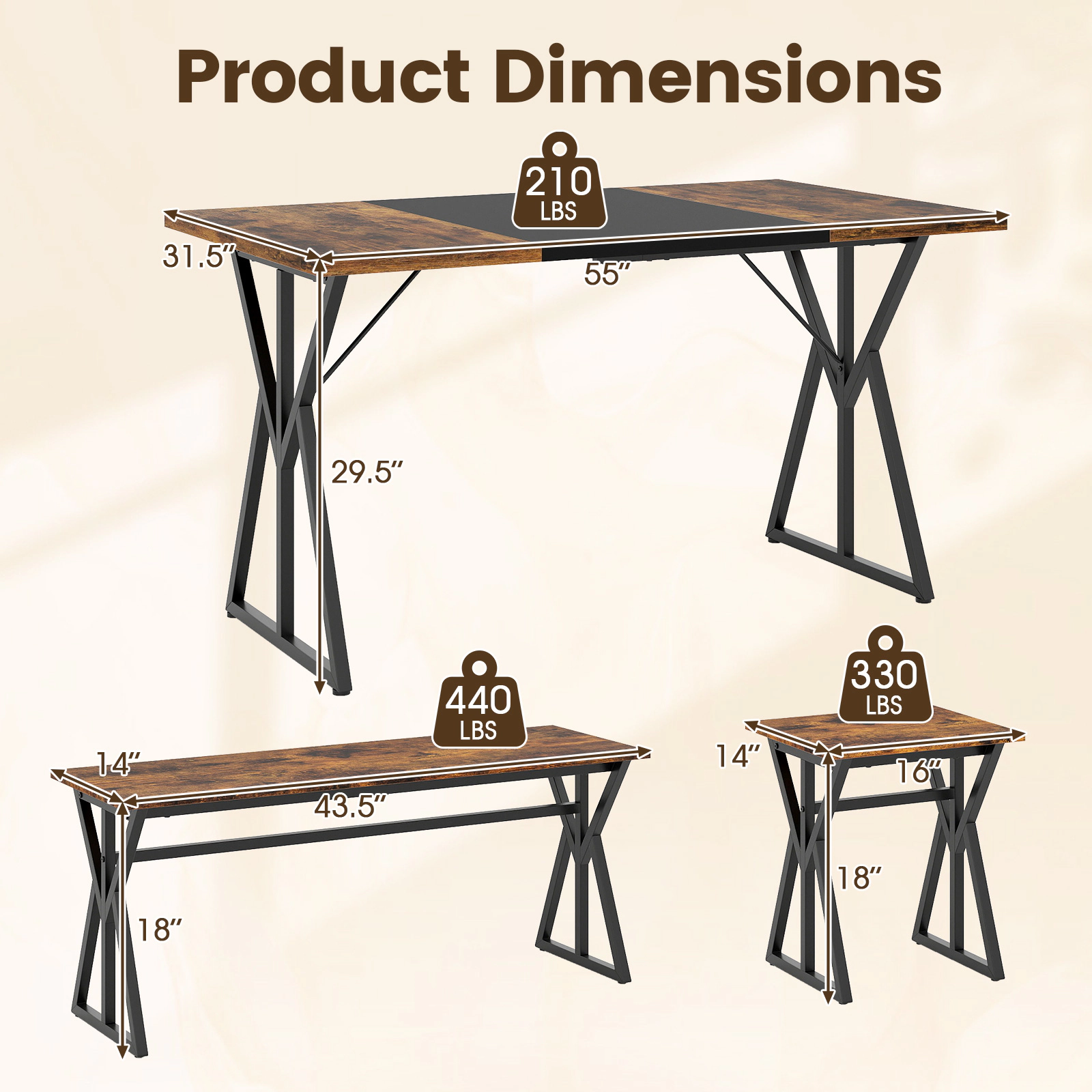 SUGIFT 5-Piece 55-Inch Rustic Brown Dining Set with 2 Benches and 2 Stools