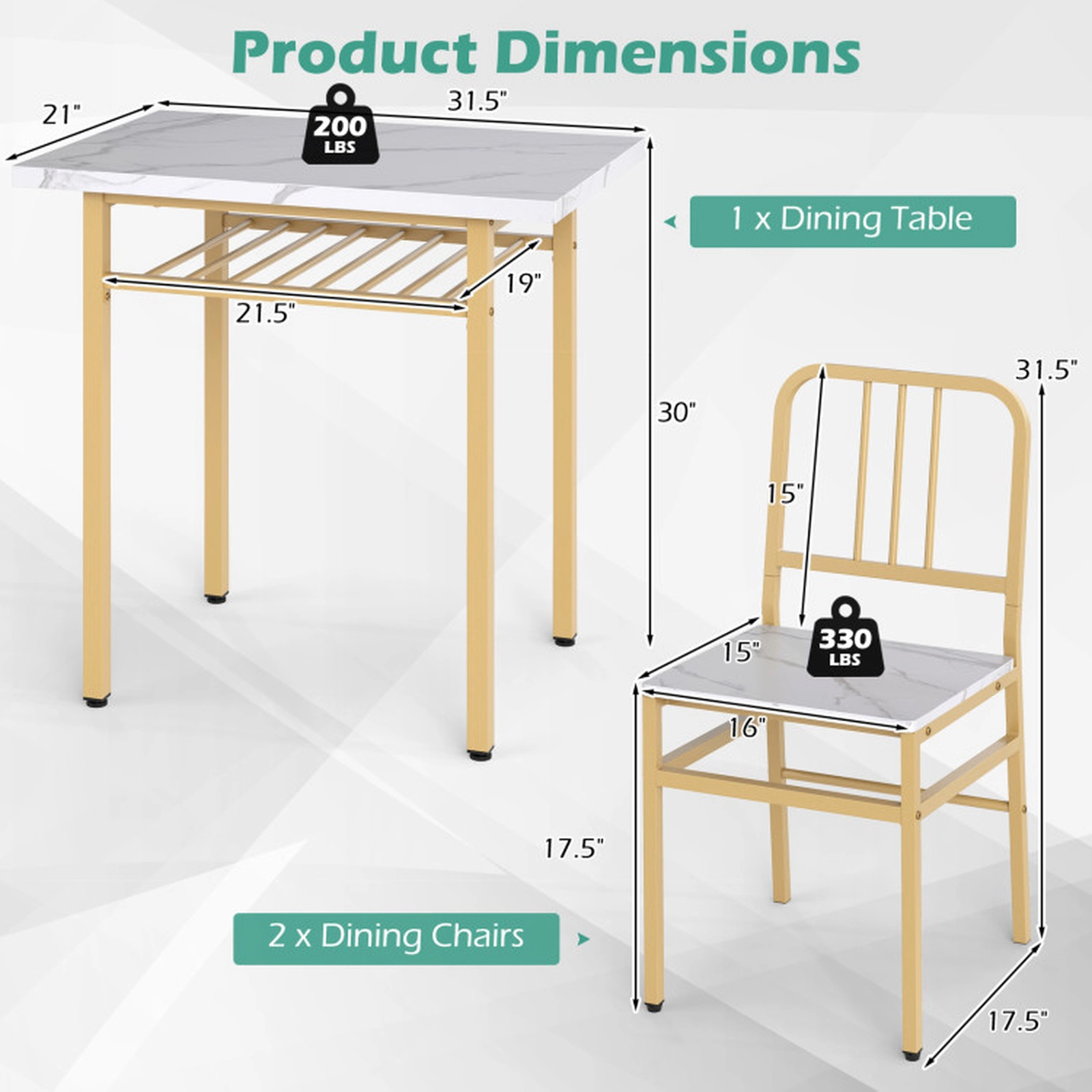 SUGIFT 3-Piece Rectangular Dining Table Set with Storage Shelf and 2 Chairs 200/330-lb Capacity White + Gold