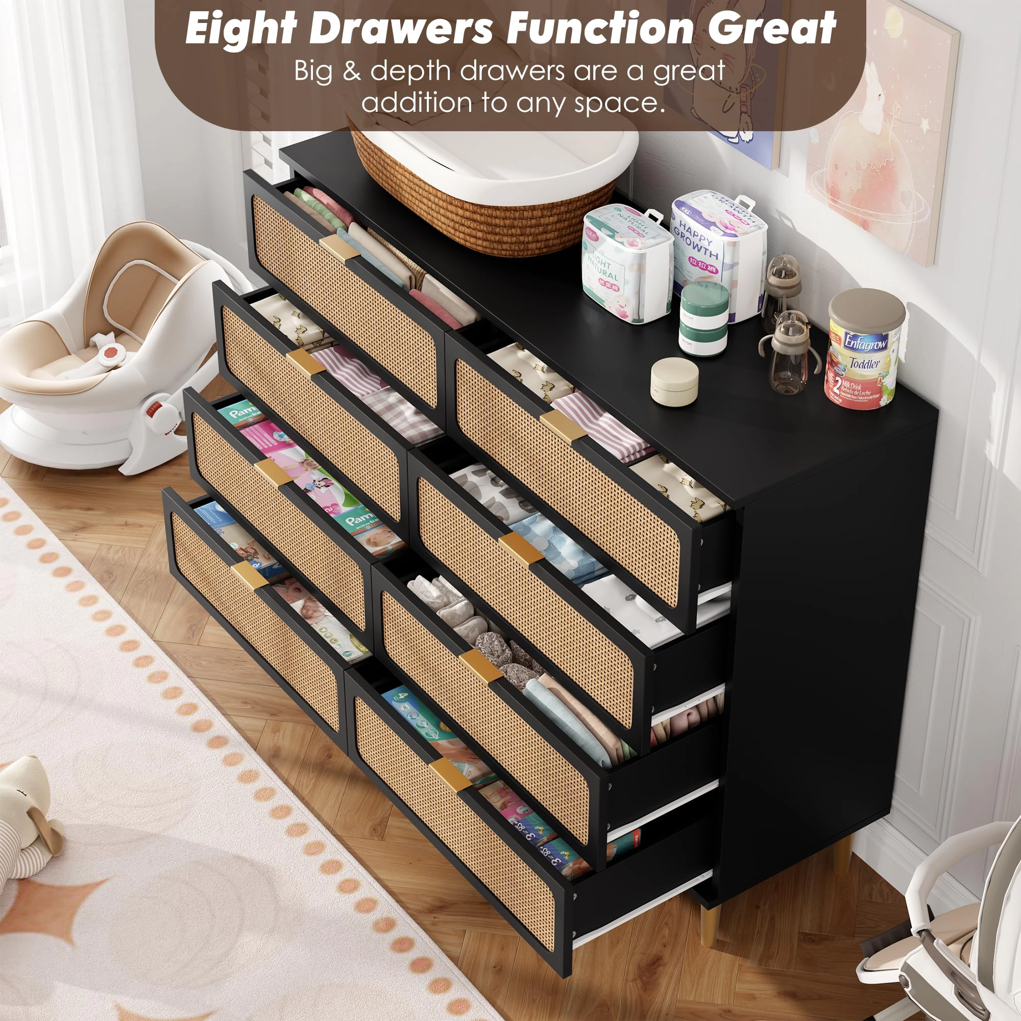 8 Drawer Rattan Dresser, Wooden Chest with Deep Drawers & Wide Top for Bedroom Living Room Hallway