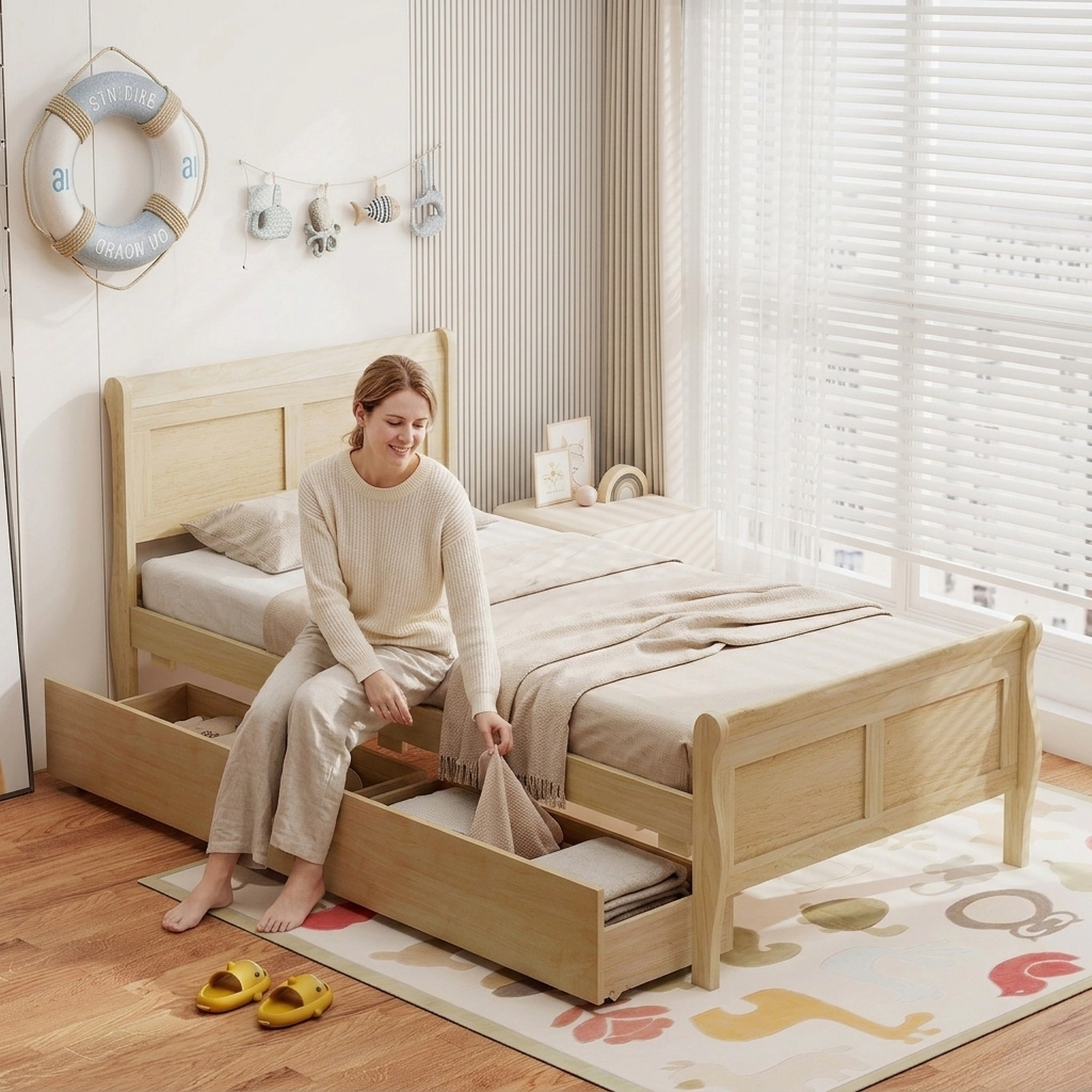 SUGIFT Twin Sleigh Platform Bed with 2 Storage Drawers, Natural Wood, 400-lb Capacity