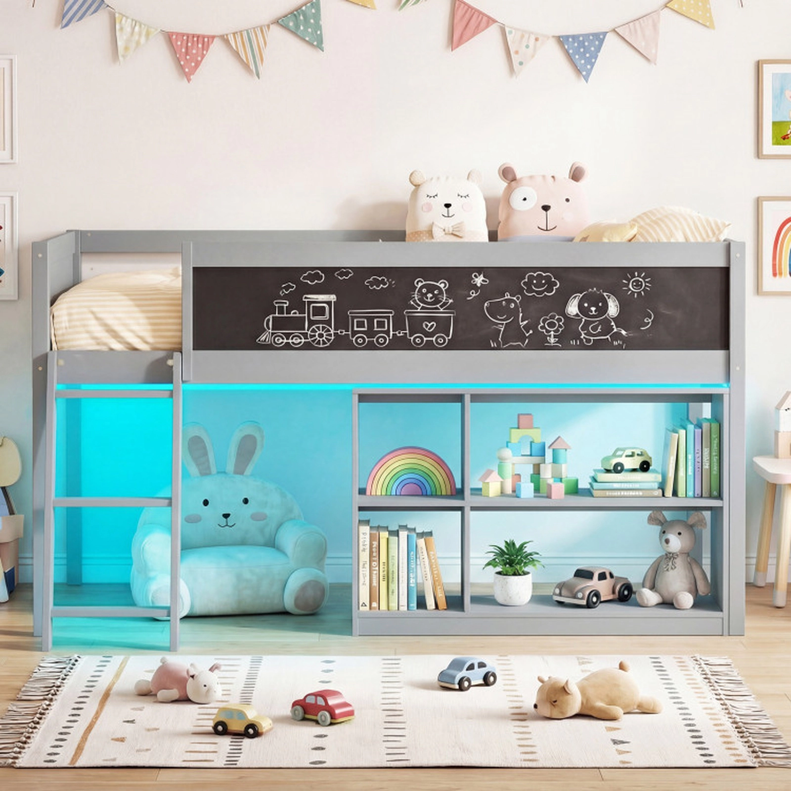 SUGIFT Gray RGB LED Lights Removable Bookcase and Chalkboard Twin Kids Loft Bed