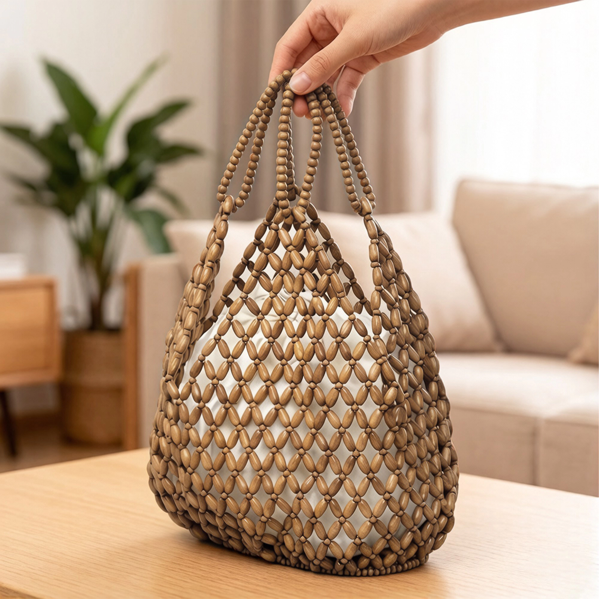 Alilang Women's Wooden Beaded Tote Bag with Inner Pouch Handmade Open Weave Shoulder Handbag Lightweight Carryall