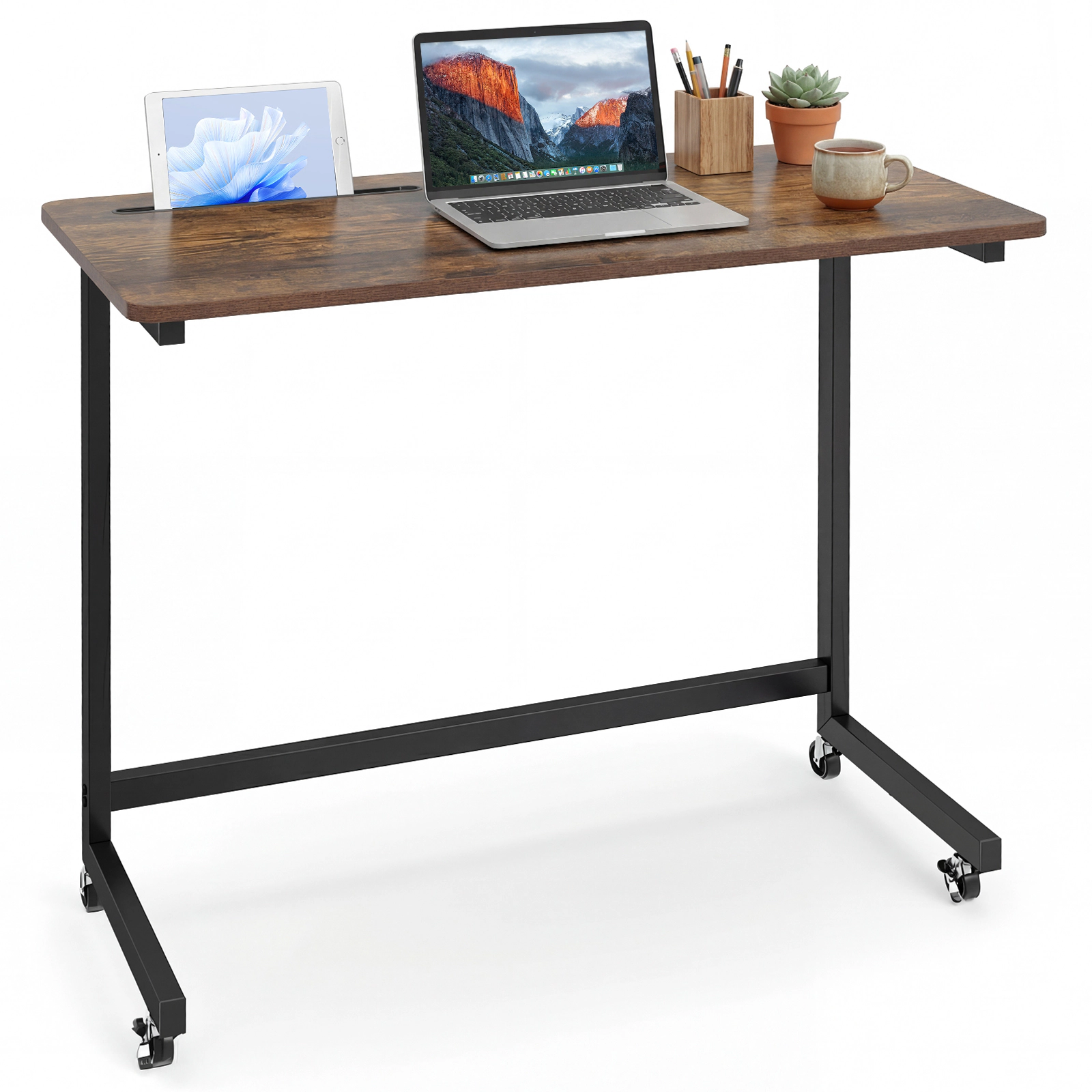 Glintex Rolling Laptop Desk Cart with Built-In Tablet Slot and Locking Casters, Rustic Brown