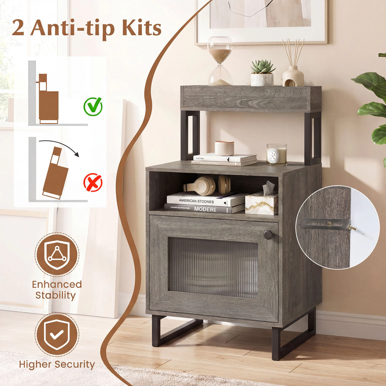 Hivvago Nightstand with LED Lights Modern End Table Top Tray Open Compartment and Storage Cabinet