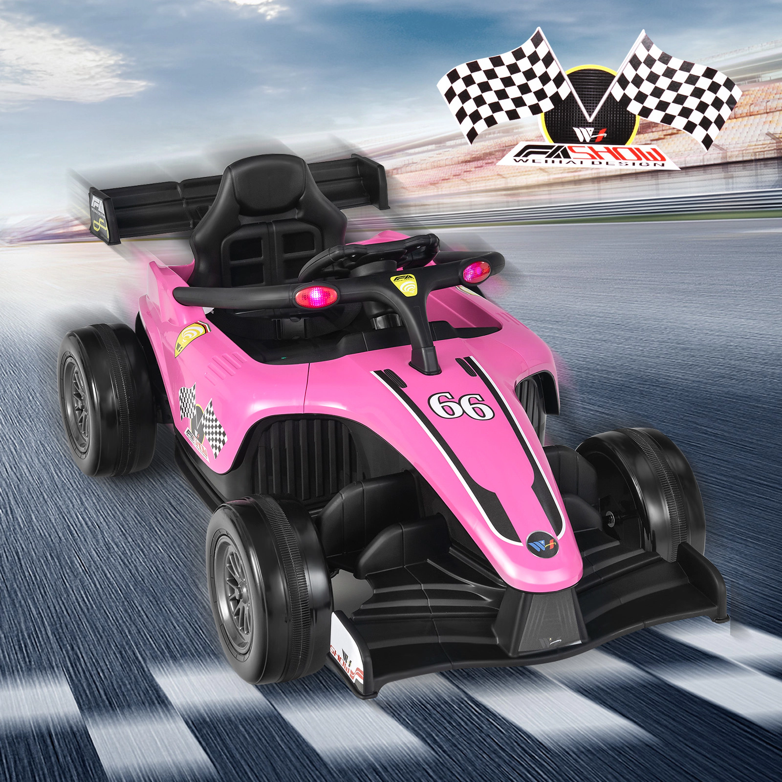 SUGIFT 12V Electric Formula Racing Ride-On Car with Remote Control 66-lb Capacity Ages 3-7 Pink 50.2-in Length