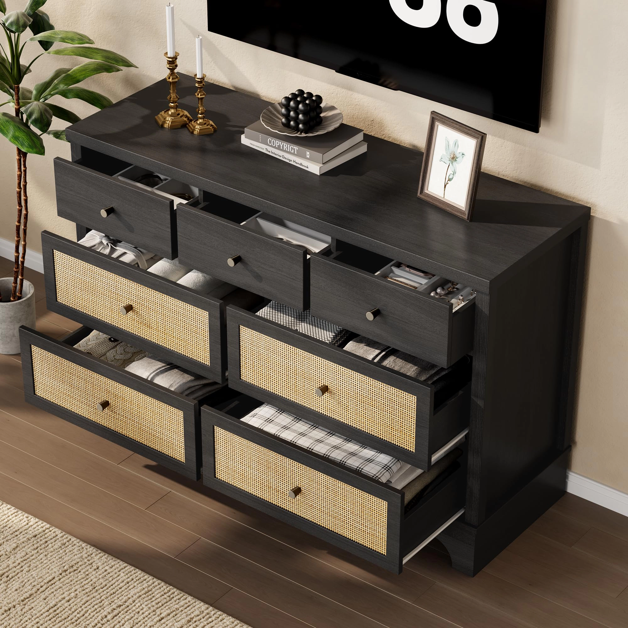 7 Drawer Dresser with Natural Rattan, 47.3" Wood Boho Clothing Storage Organizer, TV Stand Cabinet