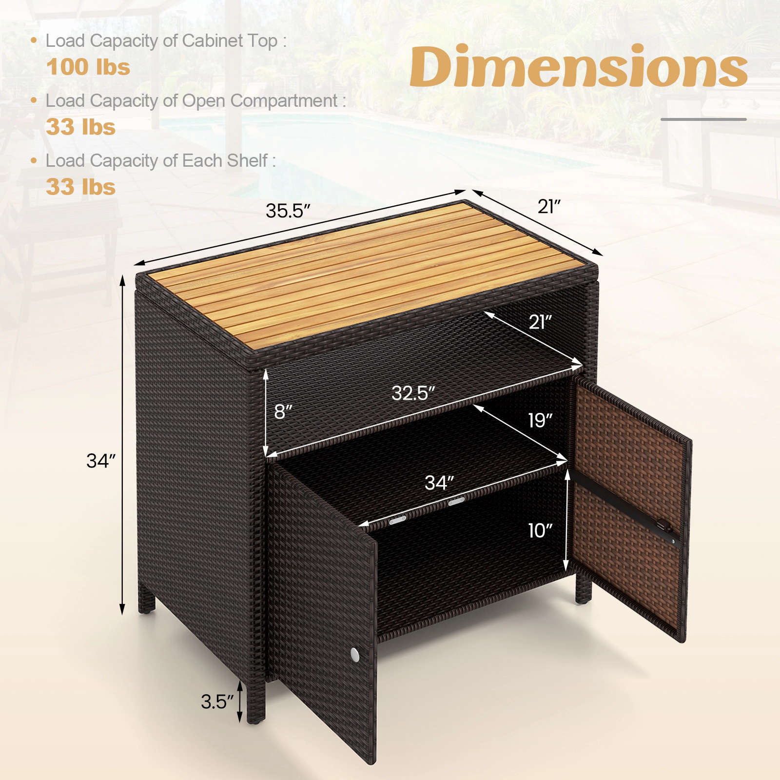 Glintex 35.5-Inch Outdoor Rattan Cabinet with Acacia Wood Countertop, Mixed Brown + Natural