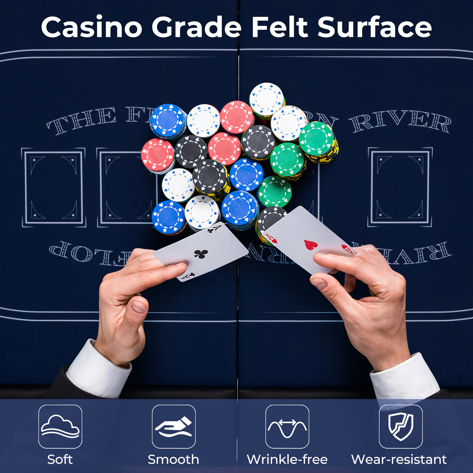 SUGIFT Blue 8-Player Oval Foldable Poker Table with Padded PU Leather Railings 72-in W 32.5-in D 29-in H