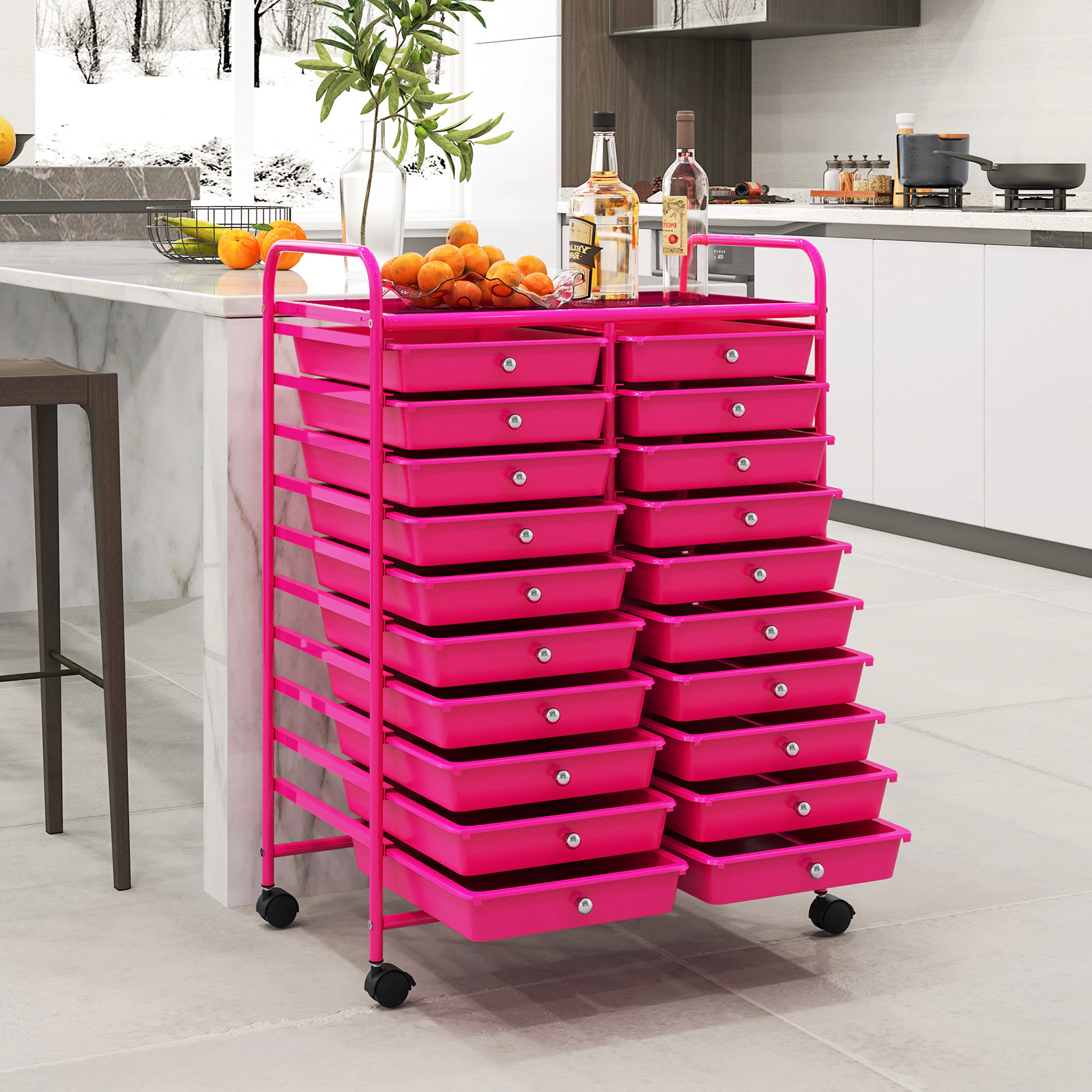 SUGIFT Pink 20-Drawer Rolling Storage Cart Organizer with Steel Frame Lockable Wheels and Top Shelf