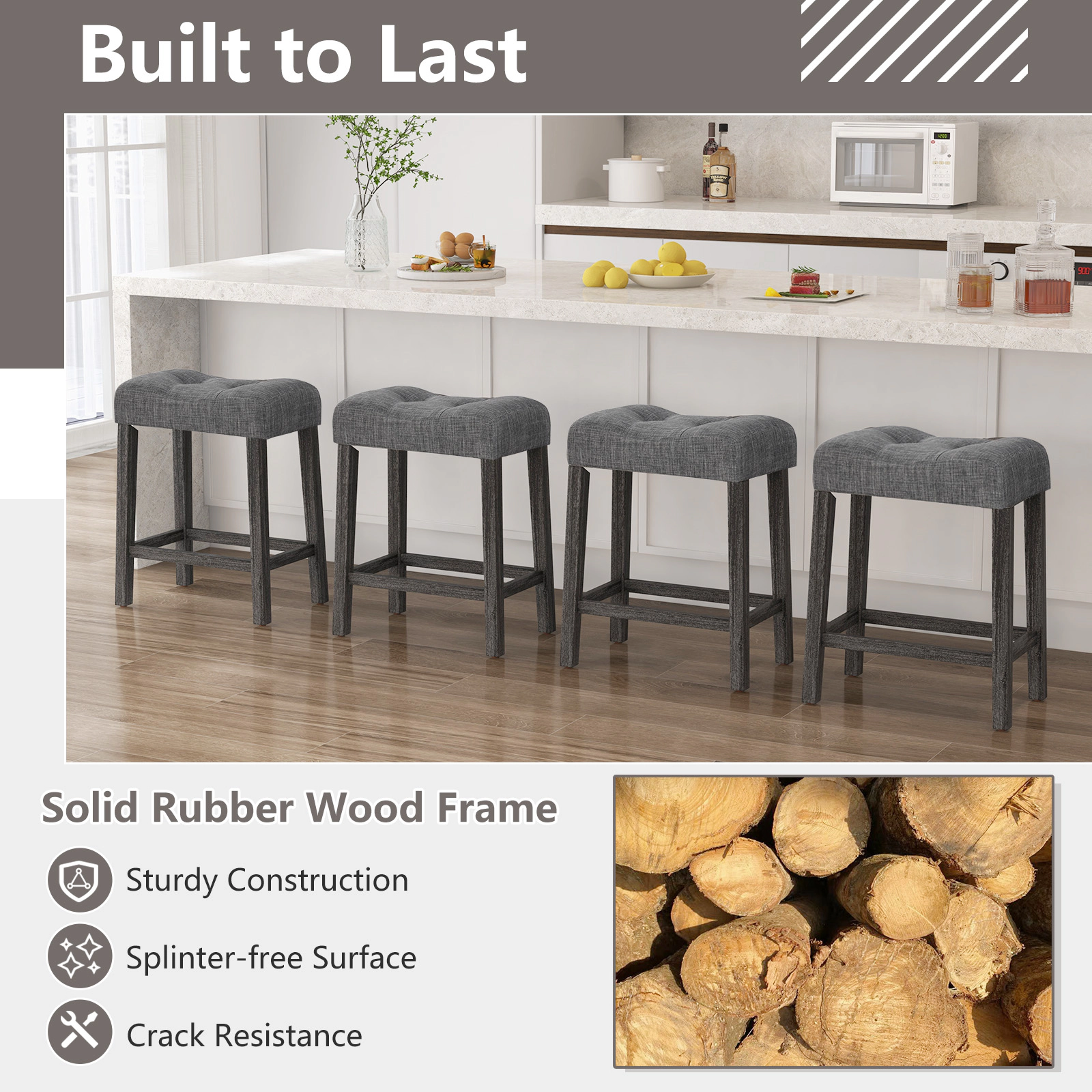 SUGIFT Set of 2 Gray 24-Inch Backless Linen Saddle Bar Stools