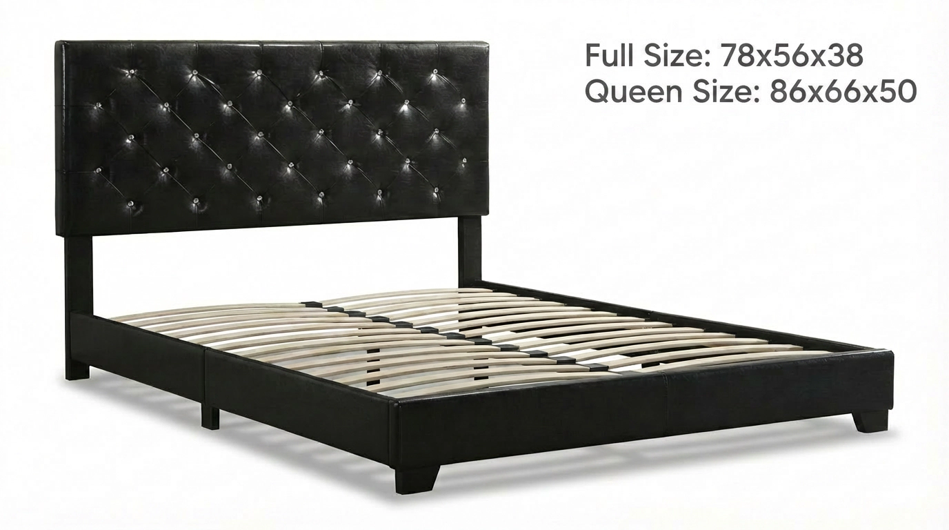 Flynama PU Leather Platform Bed with Tall Tufted Headboard, Wooden Slats, Easy Assembly