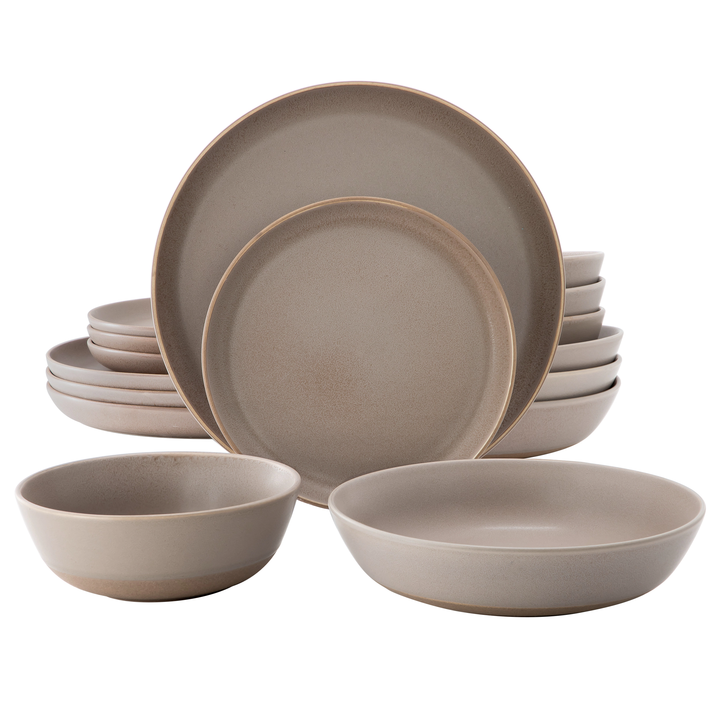 Gibson Elite Laguna Bliss 16 Piece Round Stoneware Double Bowl Dinnerware Set Matte Brown