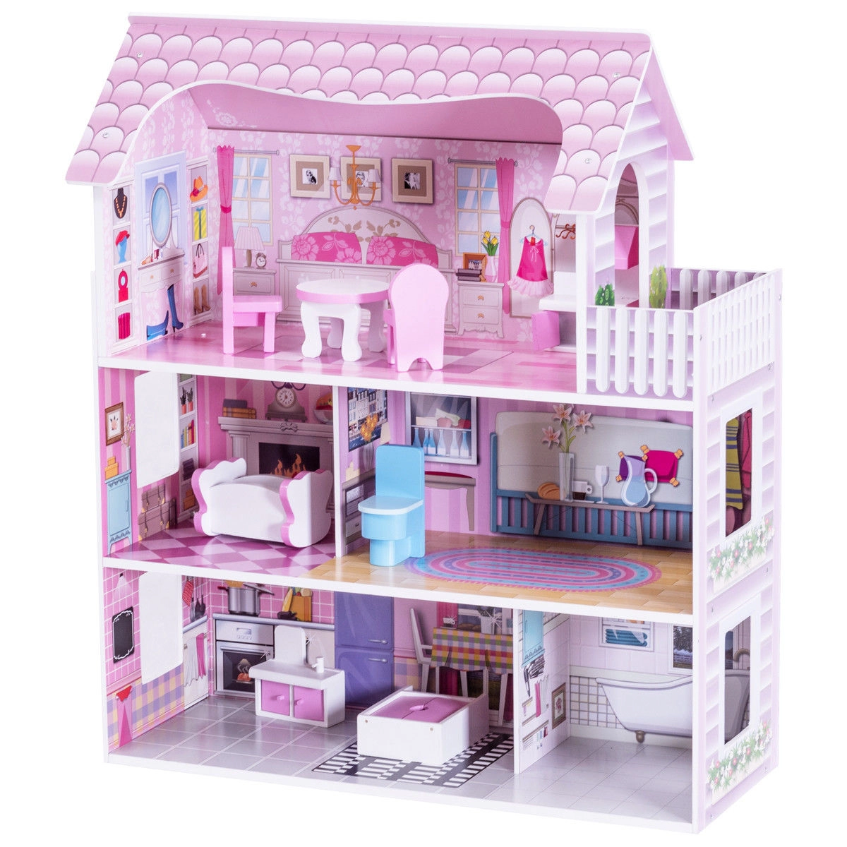 SUGIFT 3-Level MDF Dollhouse with 5 Rooms Balcony and 8-Piece Furniture Set 28-in Tall Pink