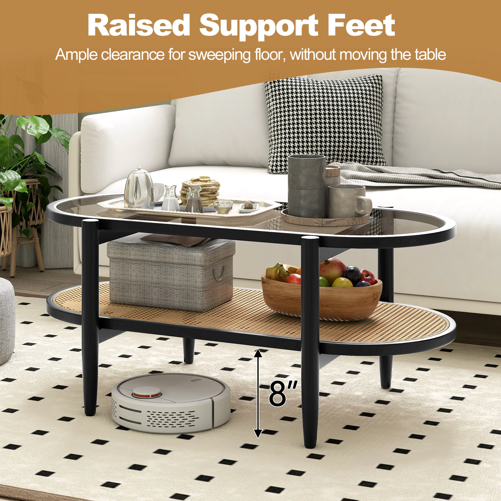Glintex 2-Tier 40-Inch Acacia Coffee Table with Glass Top and Rattan Shelf