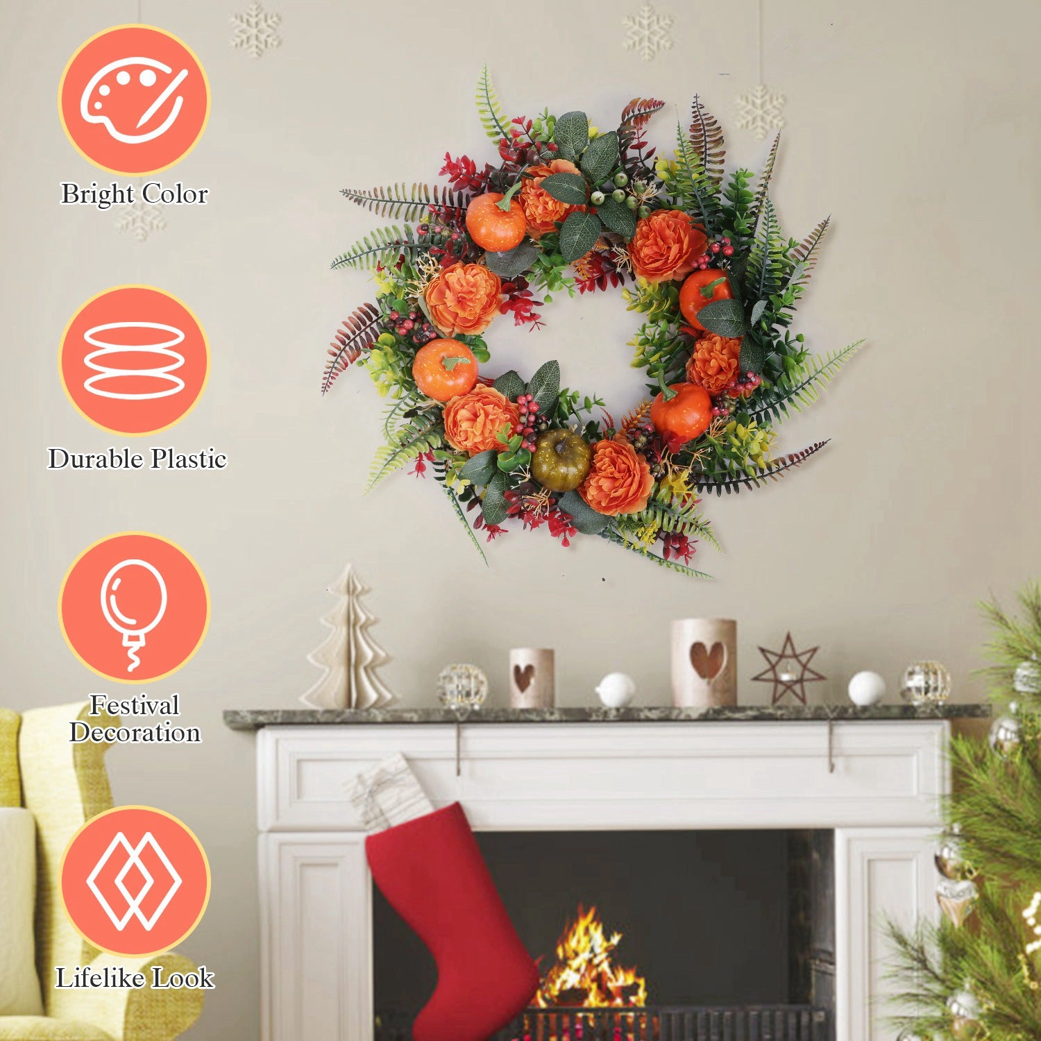 GBruno 17.71 In Autumn Wreath With Pumpkin And Leaves