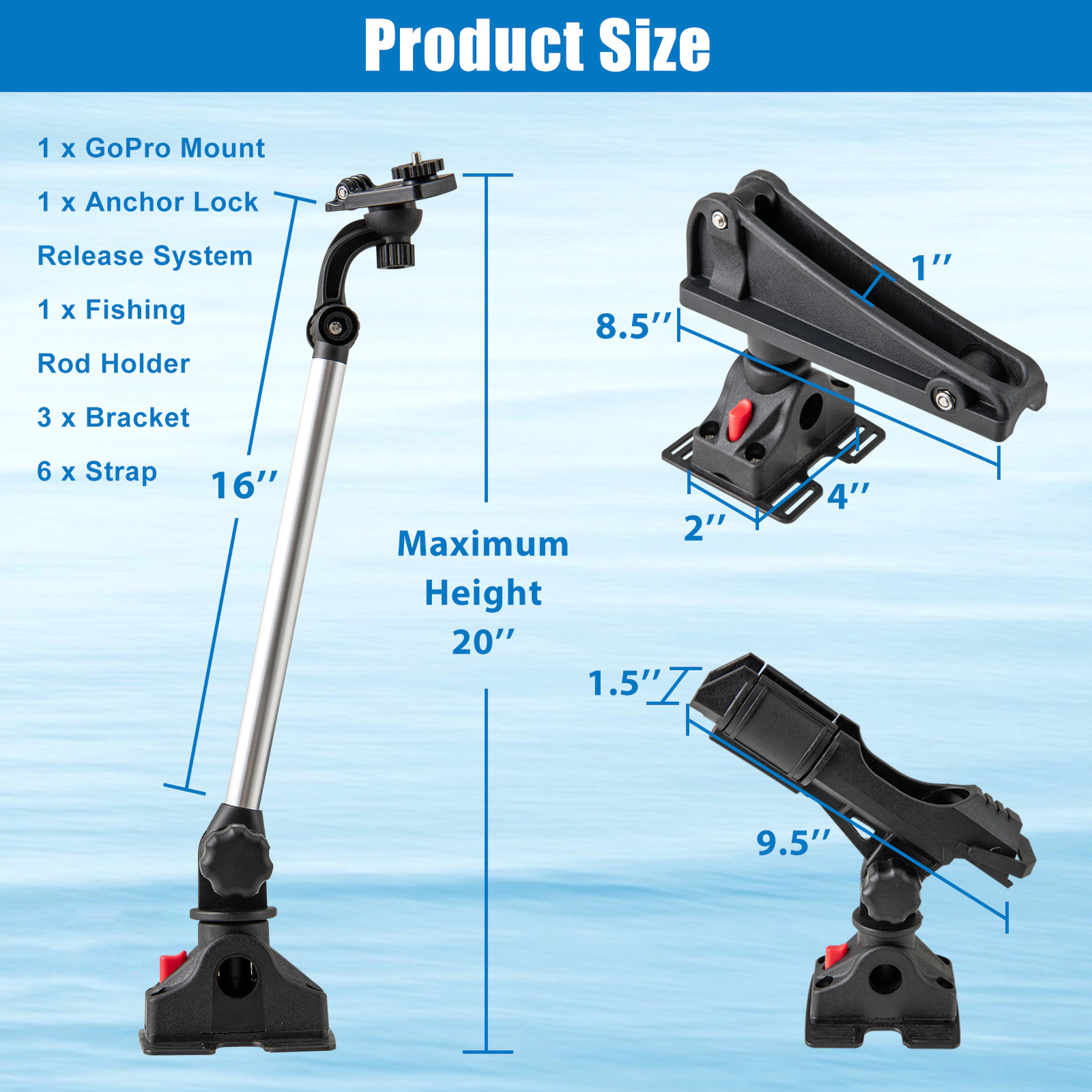 SUGIFT Adult Black 3-Piece 360-Degree Rotatable Kayak Rod Holder Set with Camera Mount and Oar Clip 20-in Max H