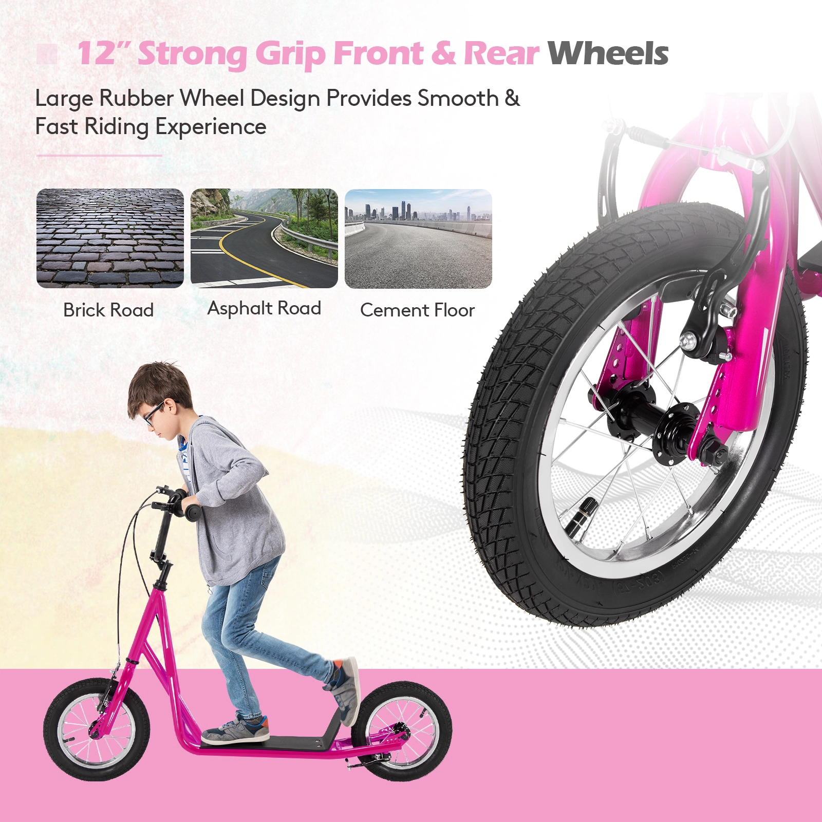 SUGIFT Kids Pink Kick Scooter with 12-in Air-Filled Wheels and Dual V-Brakes 33-in to 35-in H 165-lb Rider Capacity
