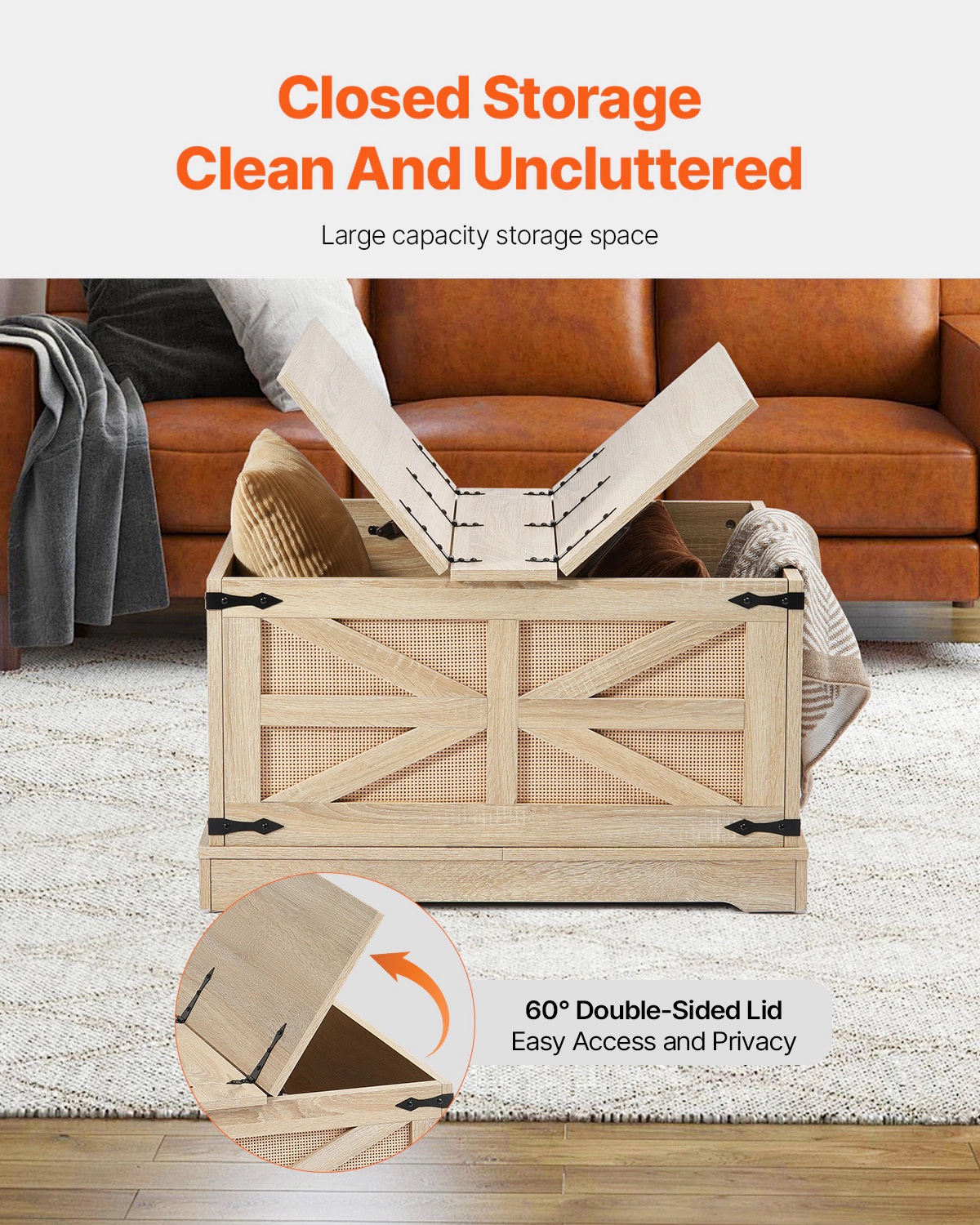 HONGGE Rattan Coffee Table Rectangle PE Rattan Woven Wood Coffee Table with Modern Boho Style Storage Coffee Table with