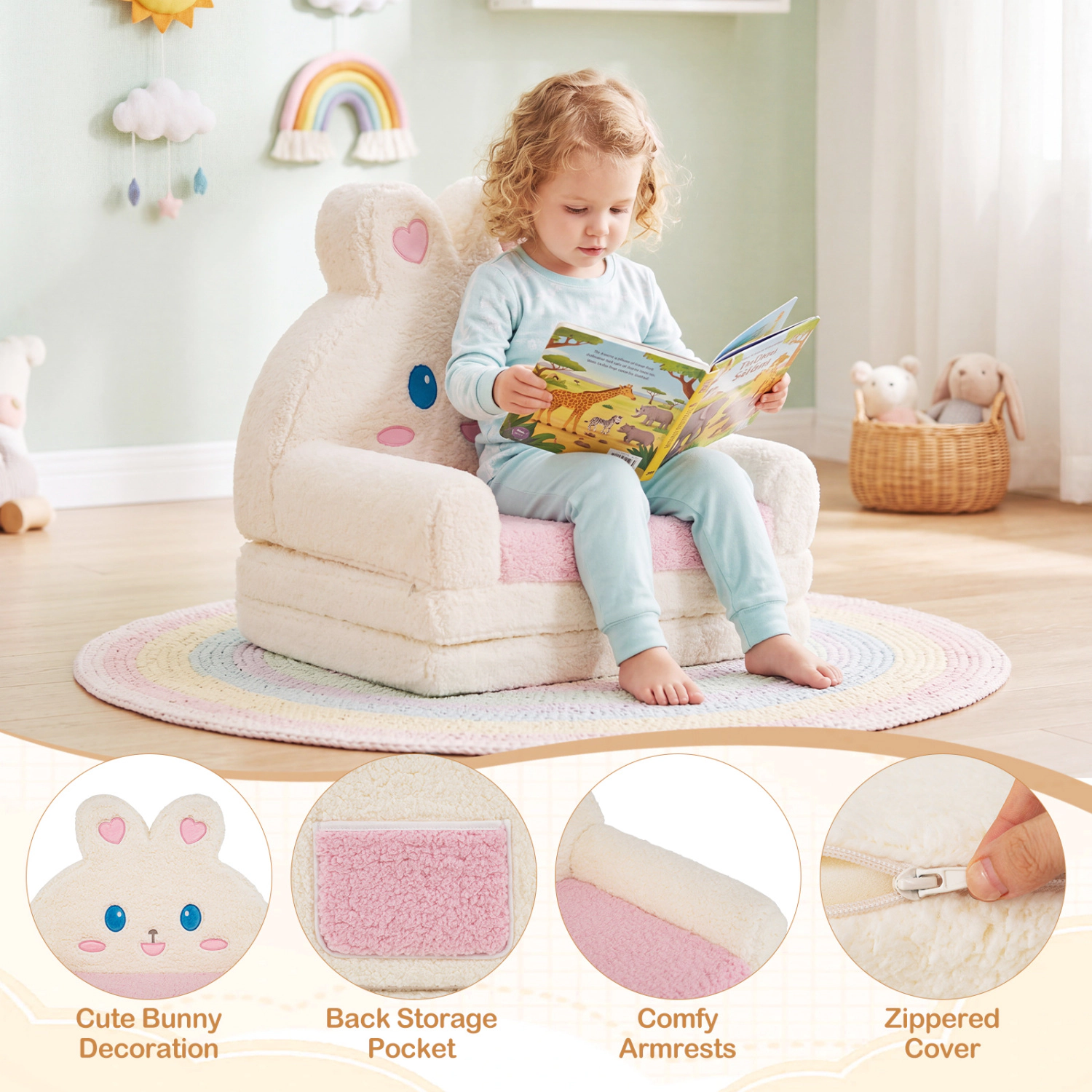 Hivvago 2-In-1 Convertible Kids Sofa To Lounger With Bunny Pattern