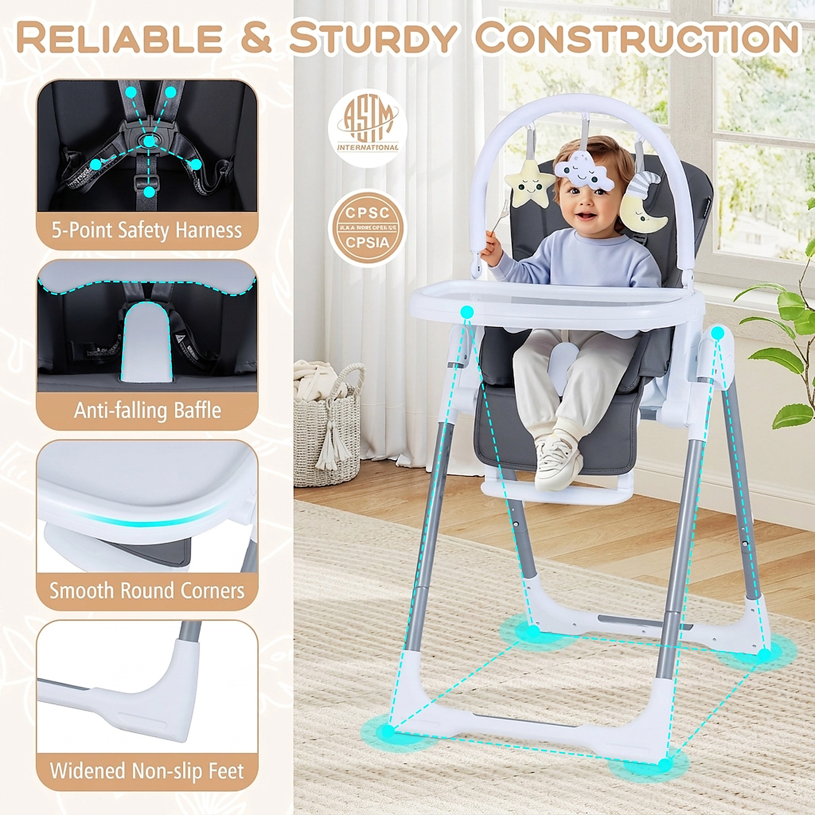 Foldable Baby High Chair Removable Toy Bar Reclining Backrest Dishwasher-Safe Double Trays for Toddlers Dark Gray