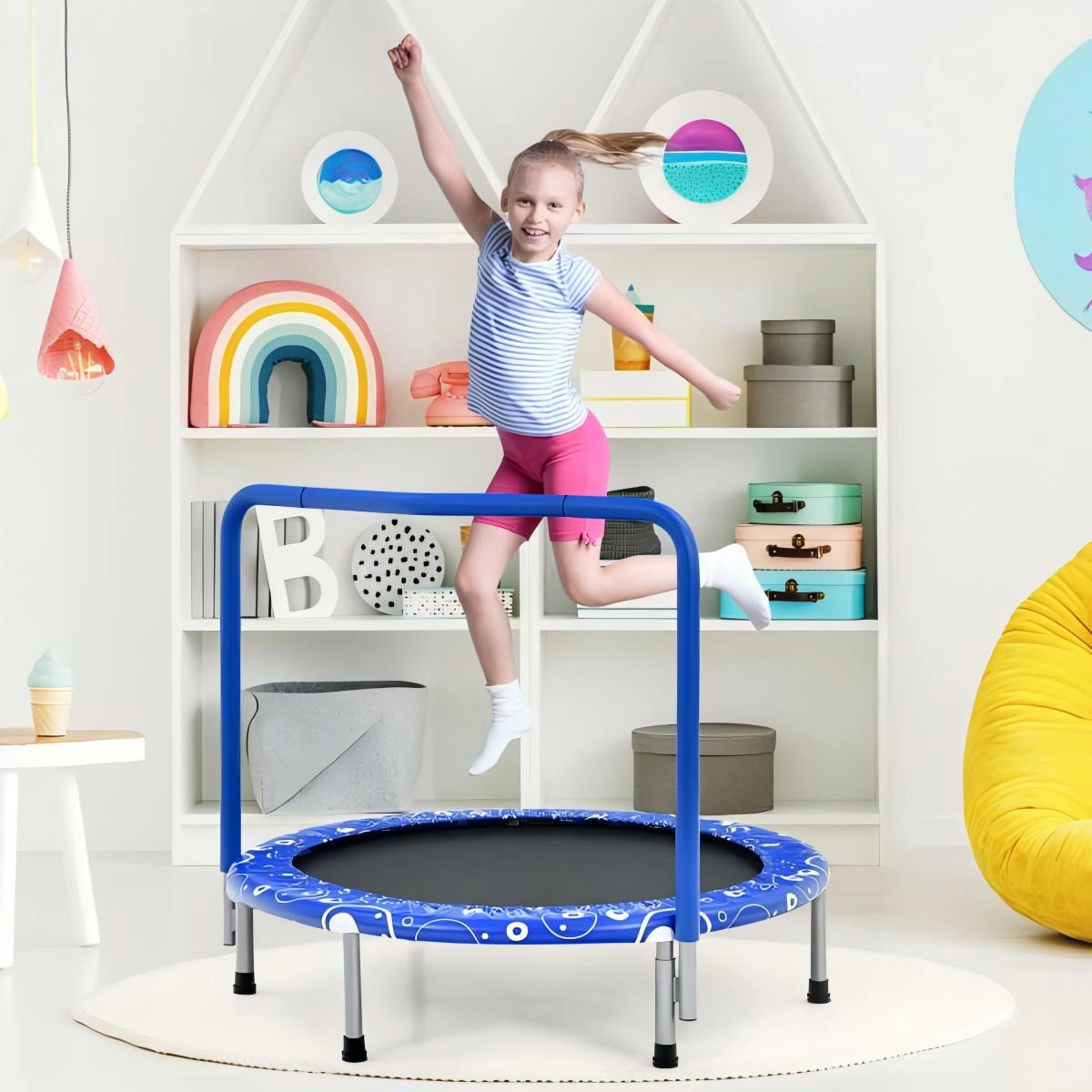 SUGIFT 36-in Kids Mini Trampoline Rebounder Full Covered Handrail 330-lb Capacity Ages 3-10 Foldable 36 x 32 in Blue