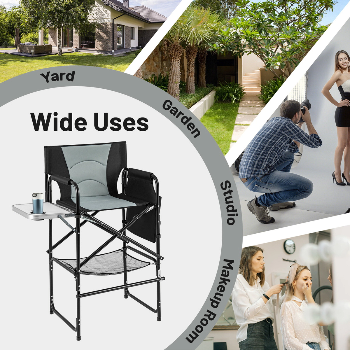 SUGIFT Gray 46-in Tall Folding Directors Chair with Side Table and Footrest 25.5-in W 21-in D 330-lb Seat Capacity