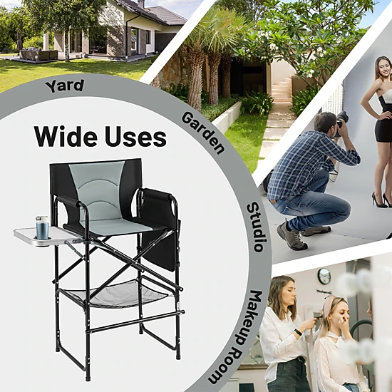 SUGIFT Gray 46-in Tall Folding Directors Chair with Side Table and Footrest 25.5-in W 21-in D 330-lb Seat Capacity