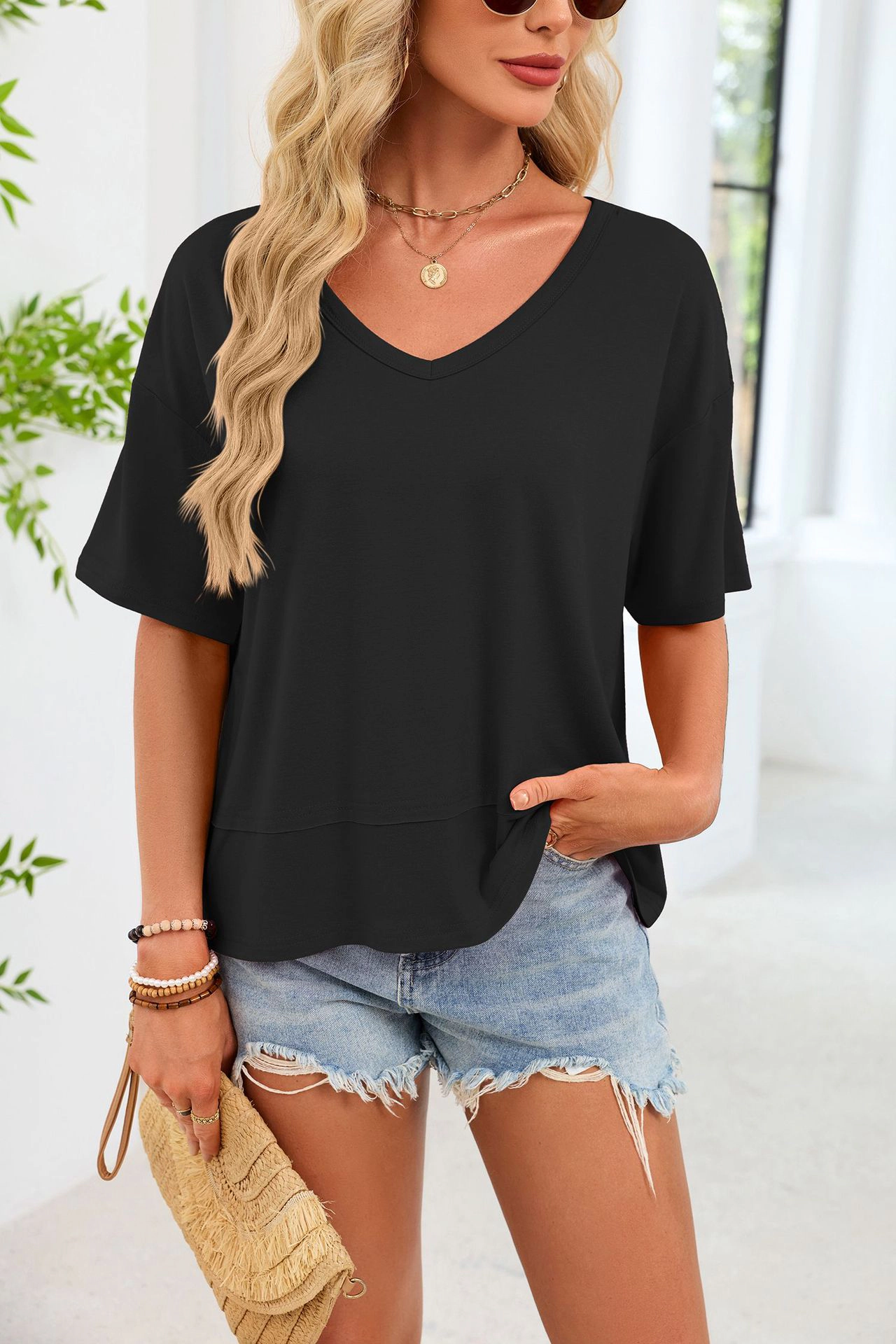 Enchanted Funland Womens V‑Neck Drop Shoulder Short Sleeve Casual Tops