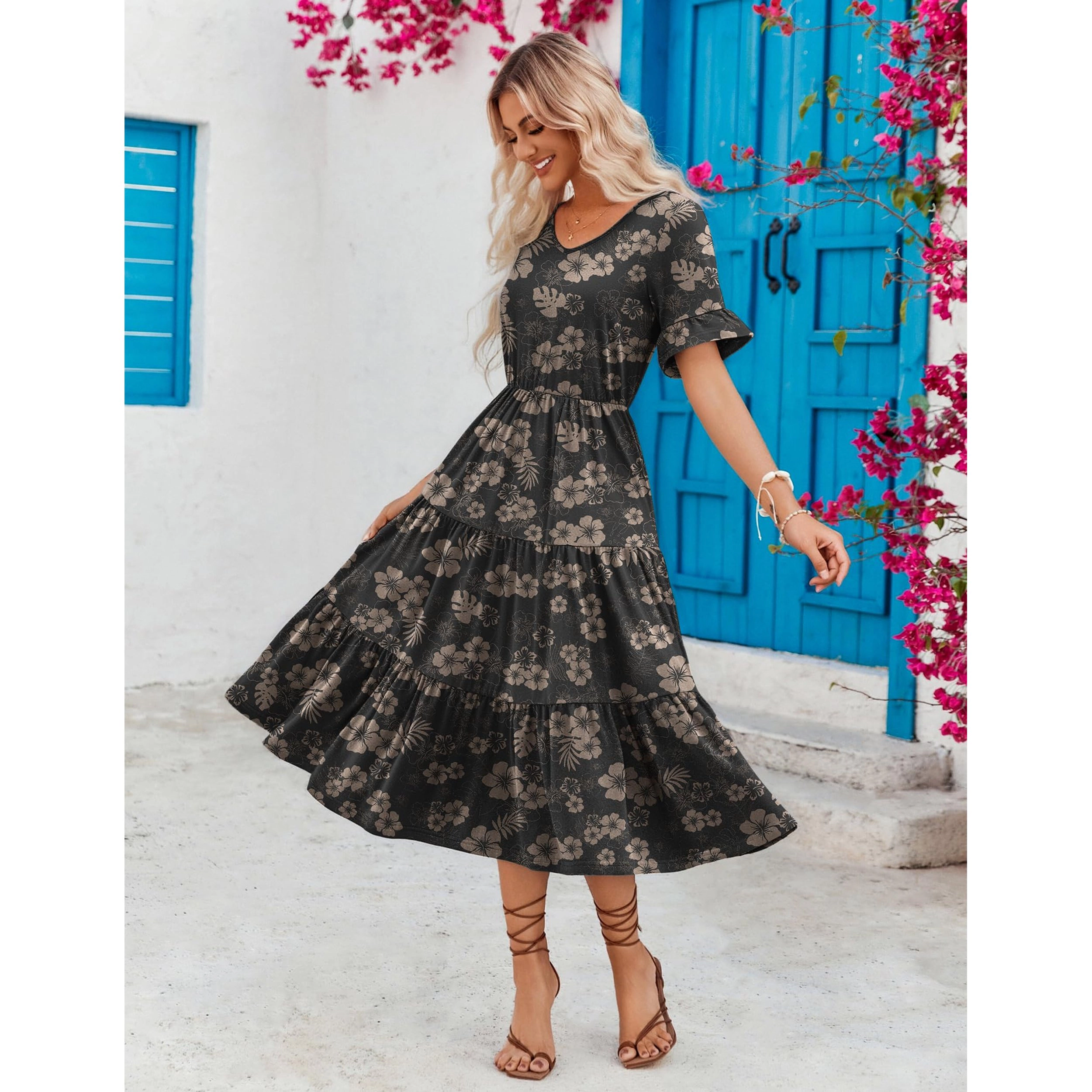 Zeagoo Women's V Neck Ruffle Sleeve Midi Dress