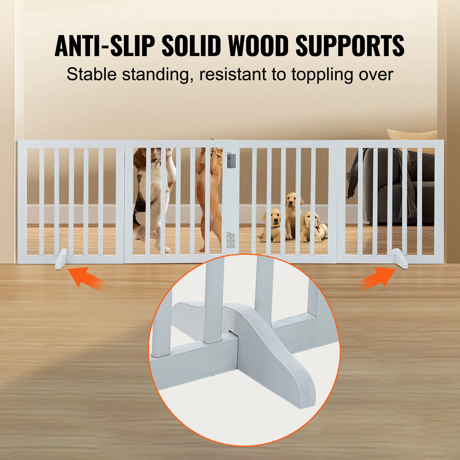 HONGGE 24-Inch Tall Freestanding Folding Dog Gate, Extends to 80.3 Inch Wide, 4-Panel Solid Wood Pet Gate, White
