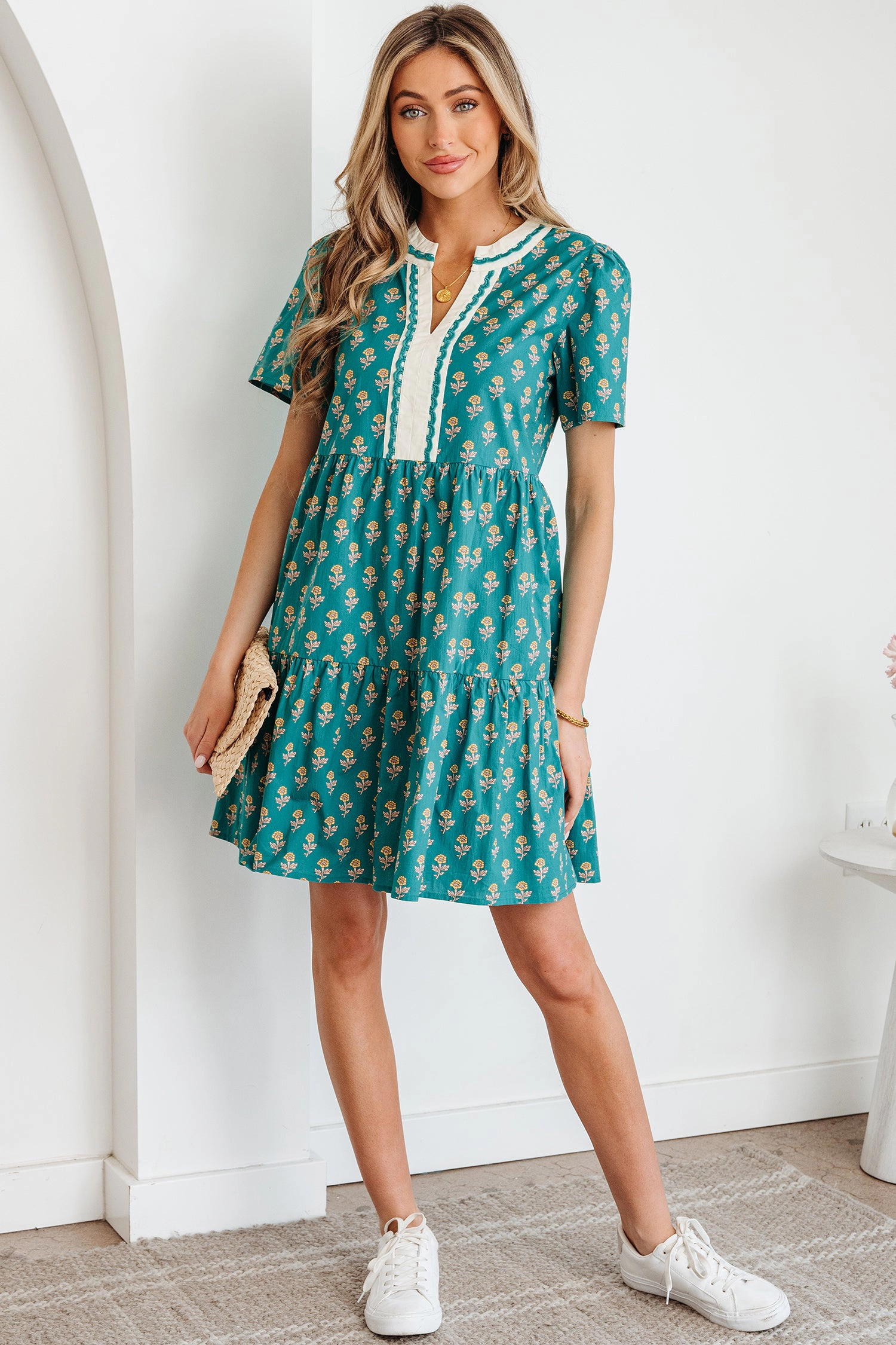 Threaded Pear Women's Clover Short Sleeve Floral Dress