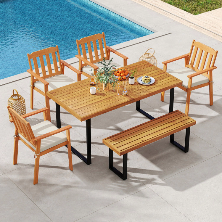 Hivvago 6 Pieces Patio Dining Table Set 63” Rectangle Table With 4 Acacia Wood Armchairs And Backless Bench