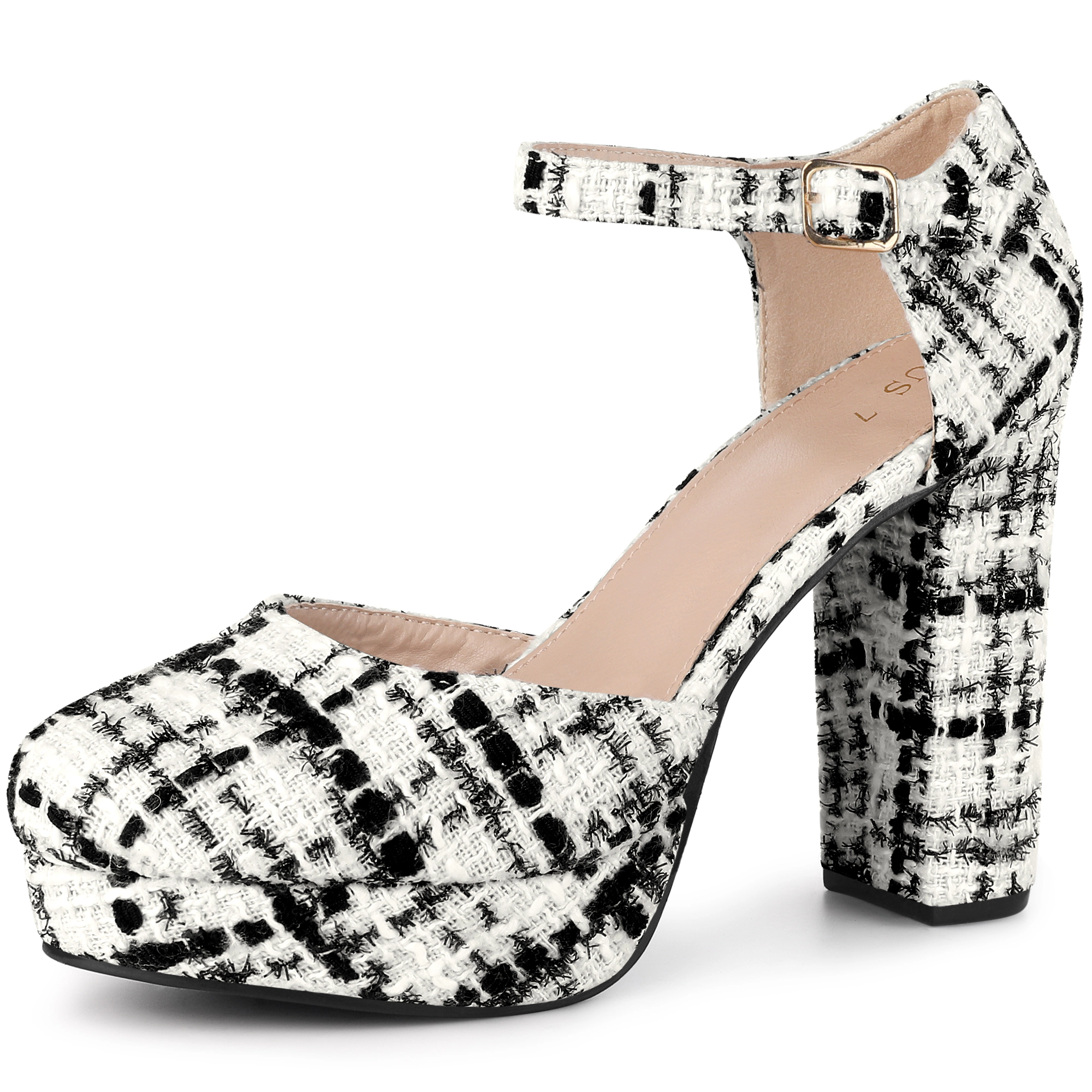 BLISSFUL STEP Women Patent Leather Tweed Round Toe Platform Chunky Heels Pumps