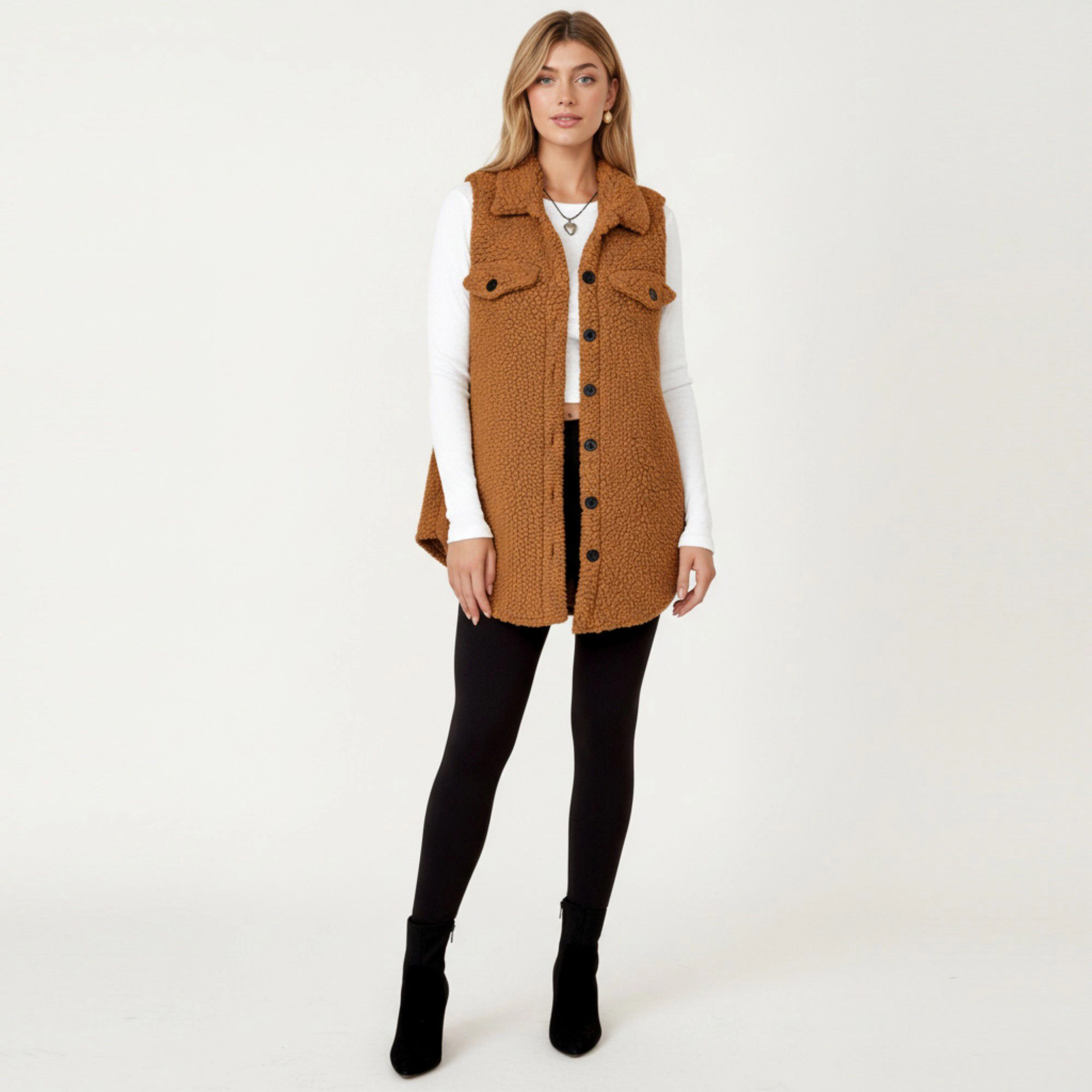 Anna-Kaci Women's Faux Shearling Button Front Vest with Collared Neckline, Chest Flap Pockets, and Longline Fit