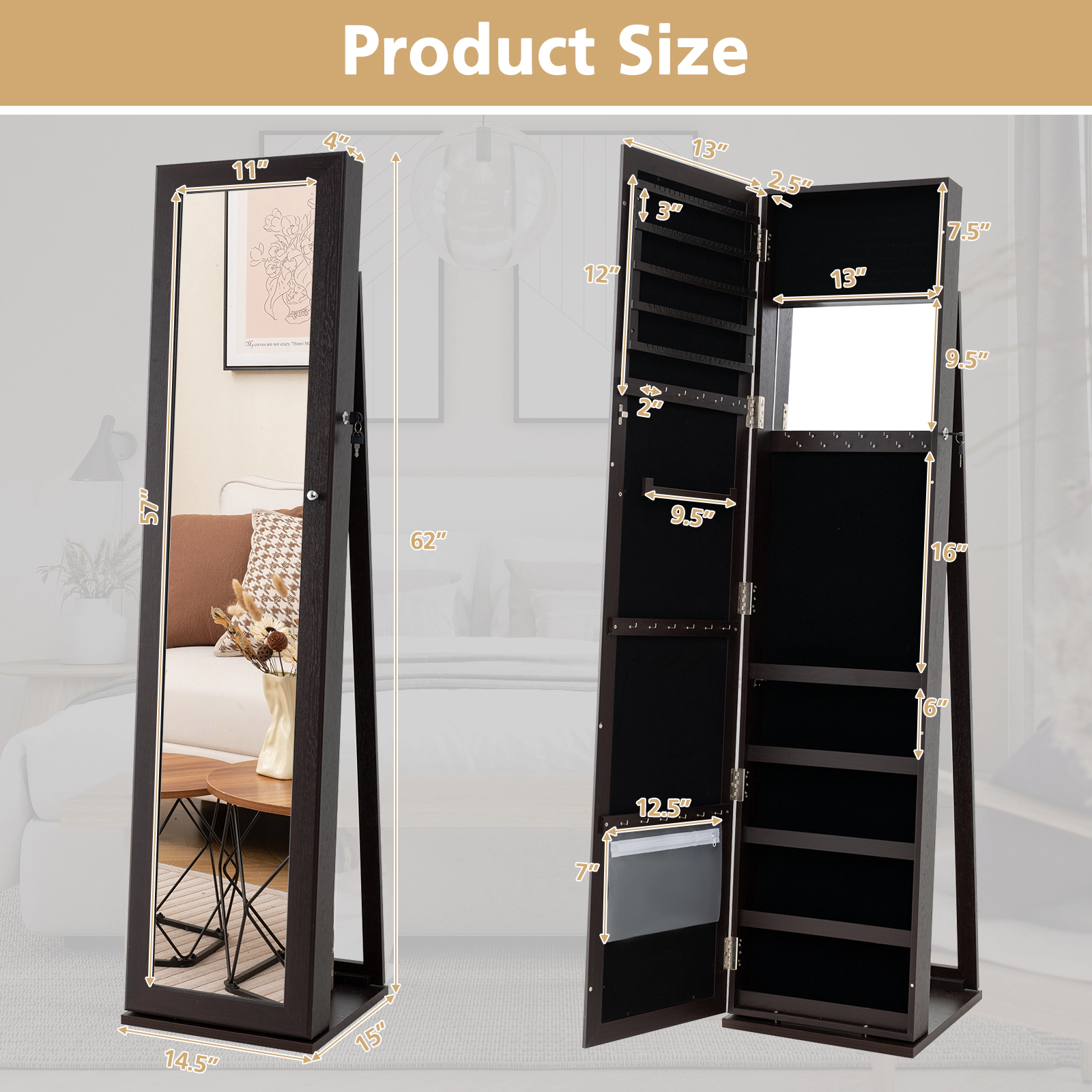 SUGIFT Standing Lockable Jewelry Storage Organizer with Full-Length Mirror 62-in Tall 14.5 x 15 in Base Coffee Brown