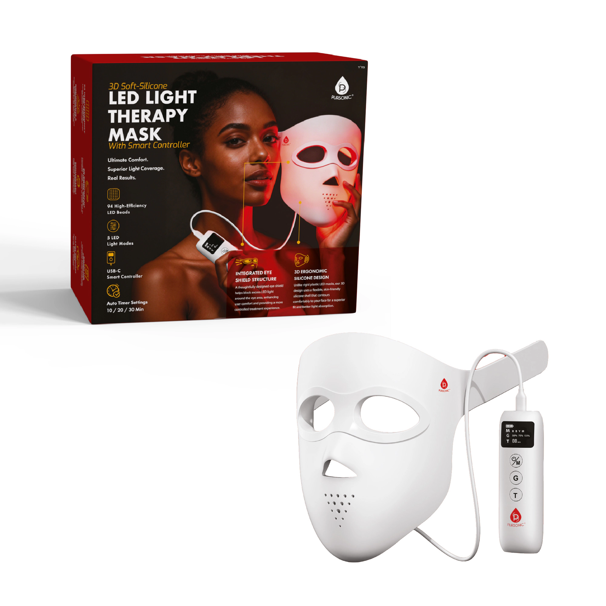 Pursonic Unisex 3D Soft Silicone LED Light Therapy Face Mask with Smart Controller