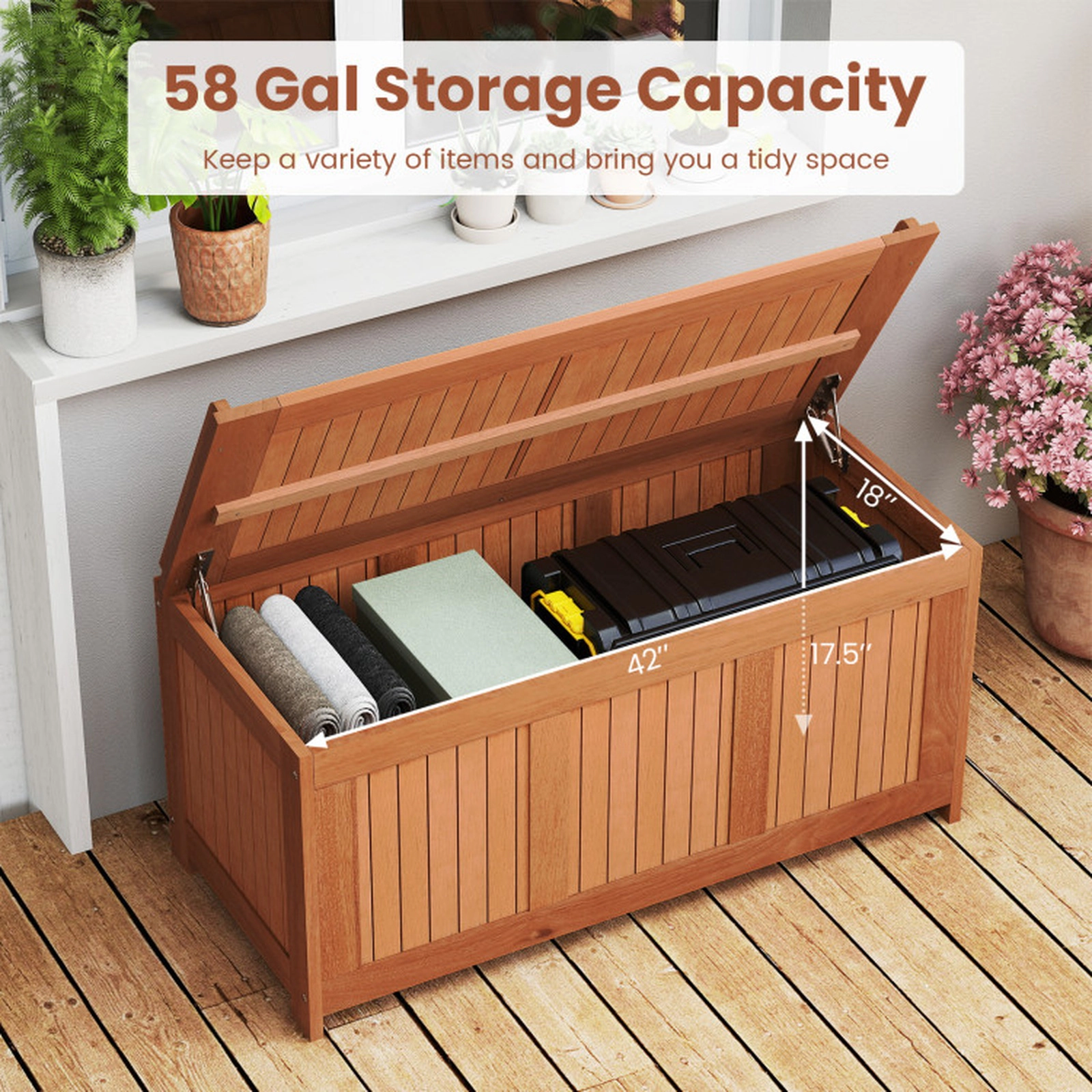 SUGIFT 52-Gallon 3-in-1 Solid Wood Patio Deck Storage Box and Coffee Table 220-lb Top 110-lb Bottom Capacities Teak