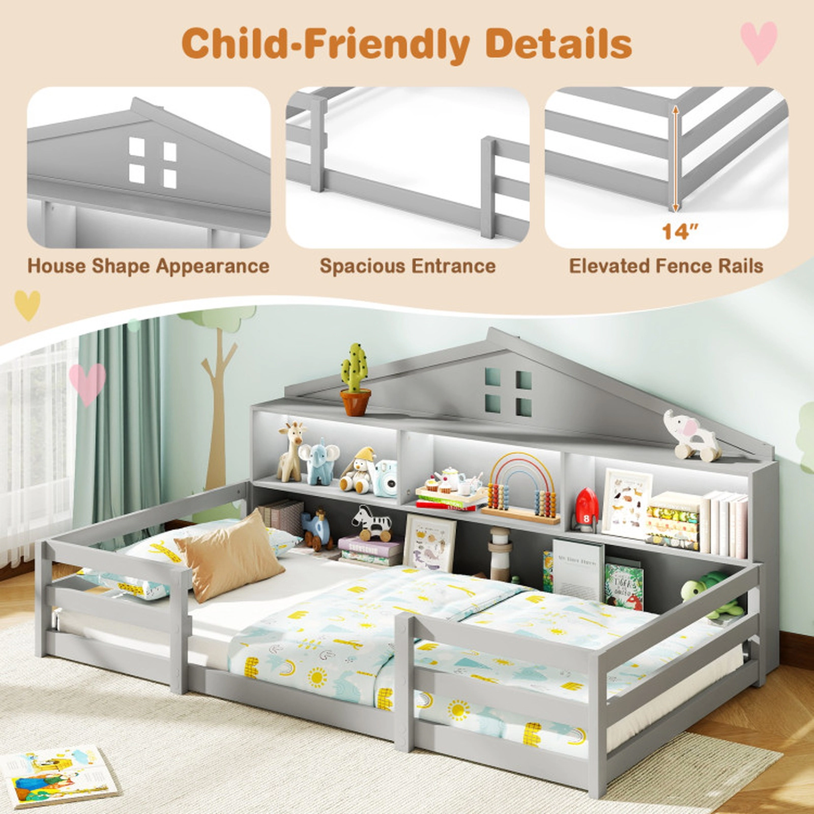 SUGIFT 2-in-1 Montessori Twin Floor Bed with Storage Compartments 50-lb Compartment Capacity Gray White Natural