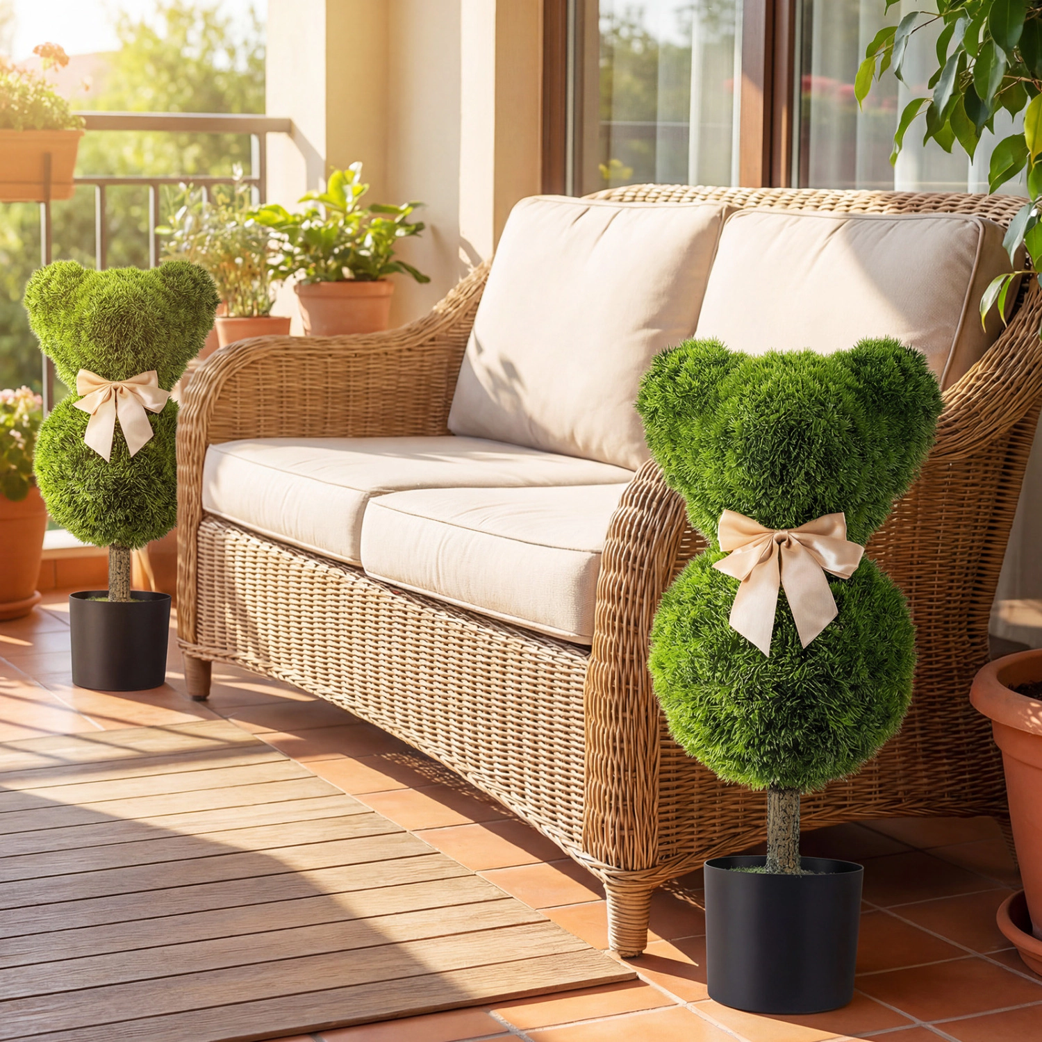 Slickblue Set of 2 Artificial Bear Topiary Trees with Pots 24.5 In Green Decor