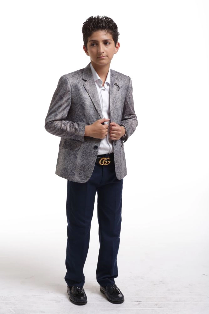 Elie Balleh Boys Slim Fit Printed Velvet Blazer