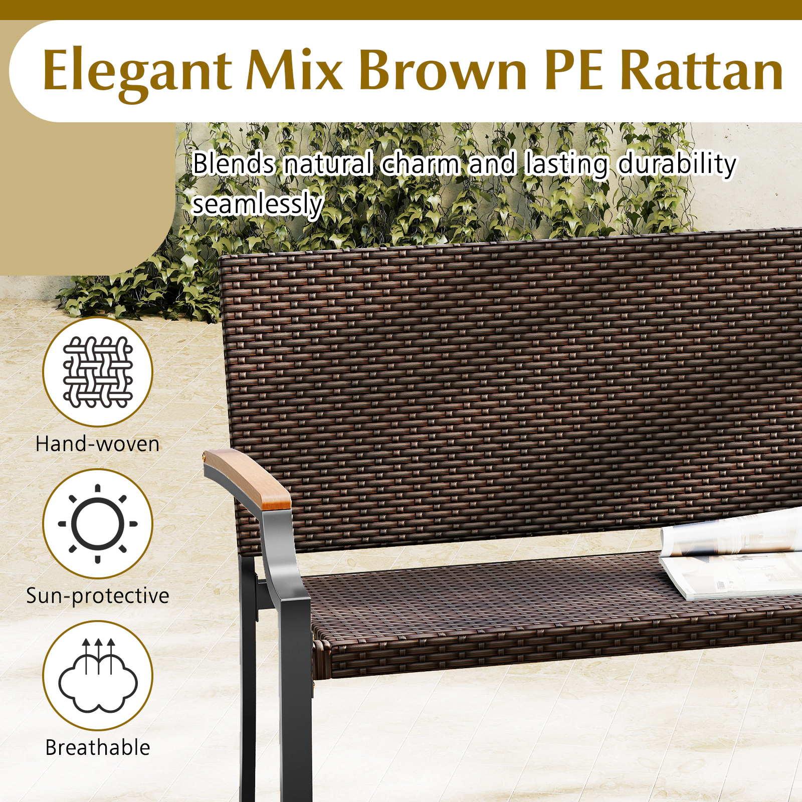 LJG Patio Wicker Loveseat Chair with Acacia Wood Armrests and Metal Frame