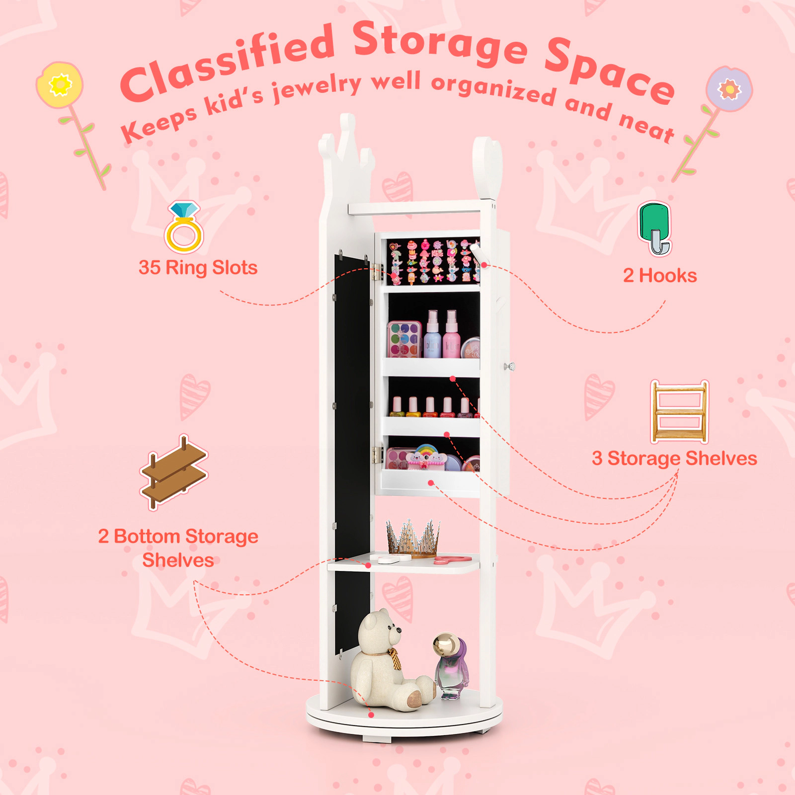 SUGIFT Free-Standing Full Length Mirror Kids Jewelry Armoire Cabinet 44-in Tall Vanities Storage 14 x 14 in Base White