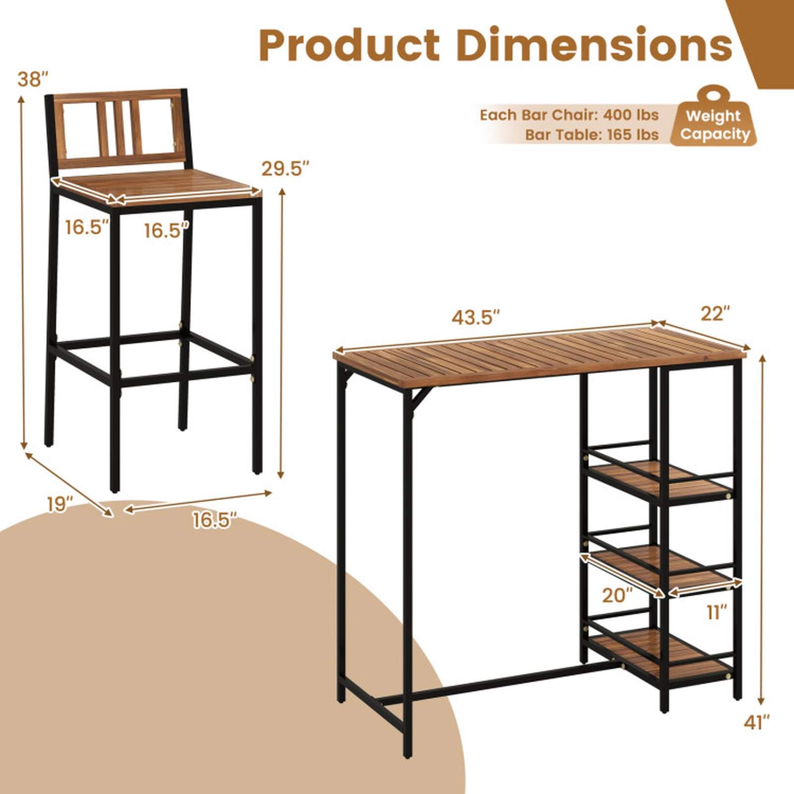 SUGIFT Outdoor Bar Set with 3-Tier Storage Shelf 400-lb Chair Capacity Black + Natural
