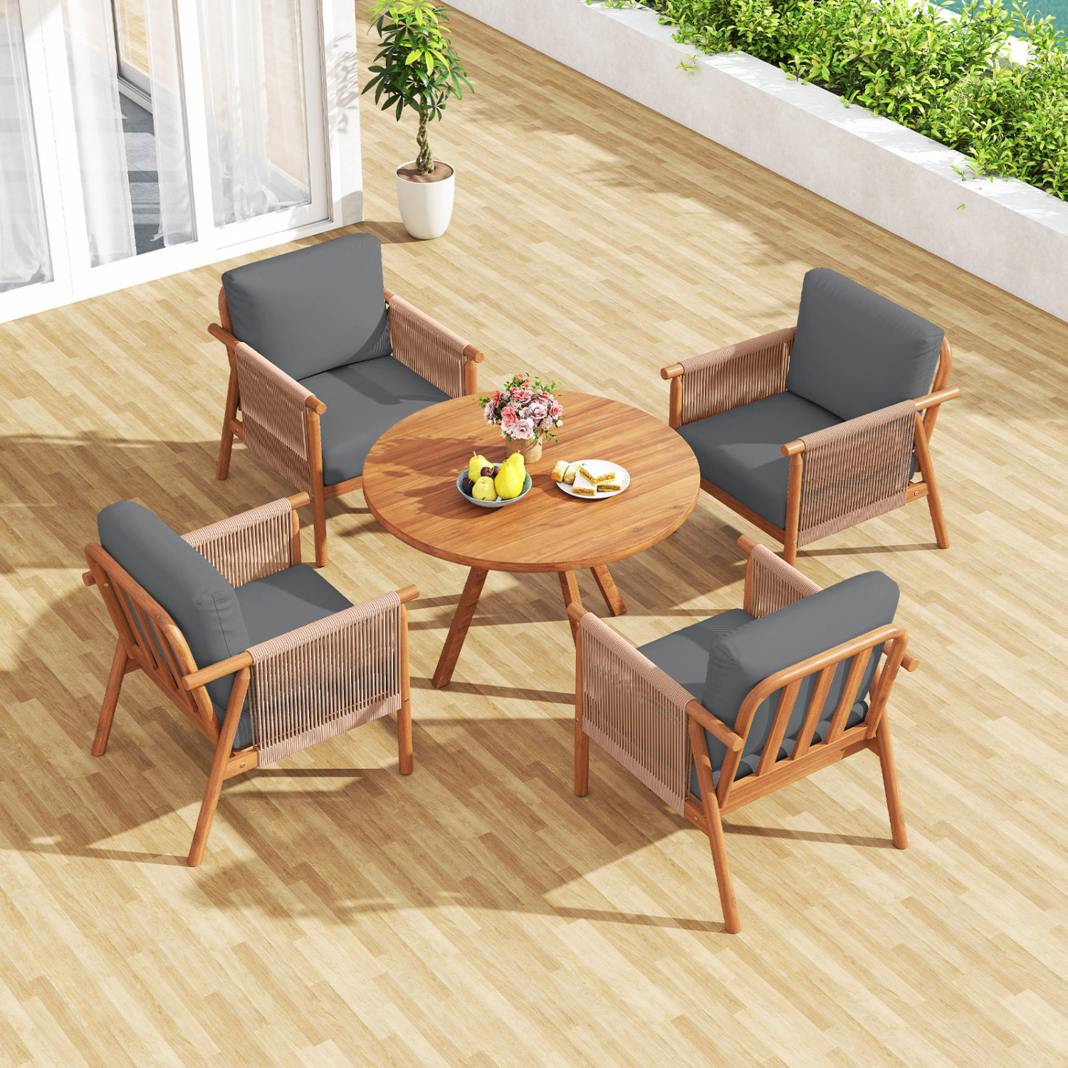 LJG Patio Acacia Wood Chair Set of with Woven Rope Armrests and Seat Back Cushions for Backyard