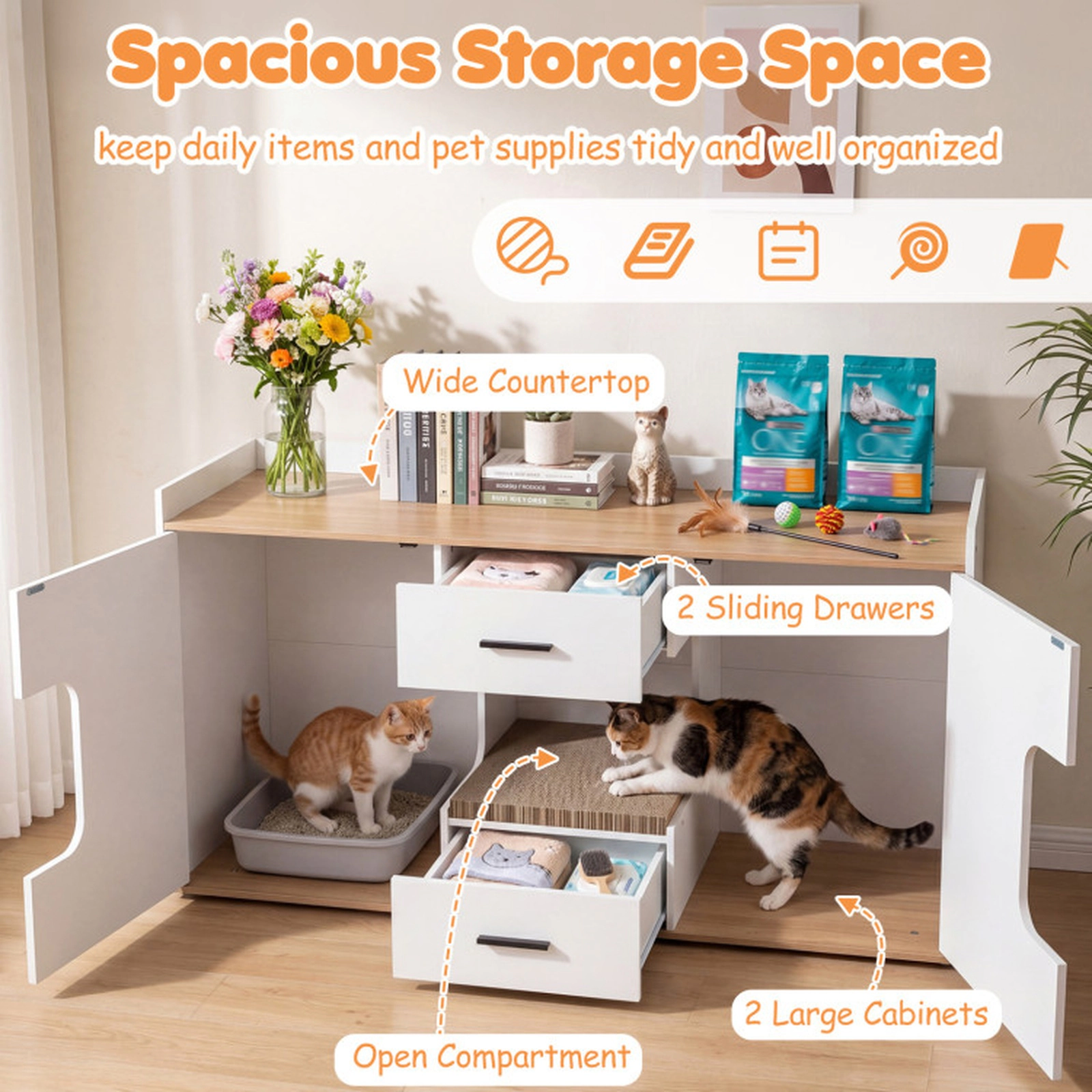 SUGIFT 55 x 30.5-in Natural Extra Large Hidden Cat Litter Box Enclosure Cabinet with 2 Drawers and 2 Doors