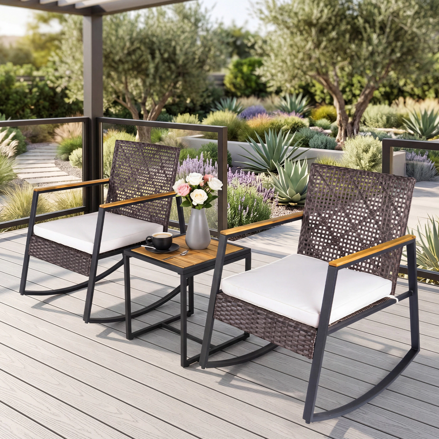 LJG 3-Piece Wicker Rocking Chair Set with Coffee Table and Cushions for Porch