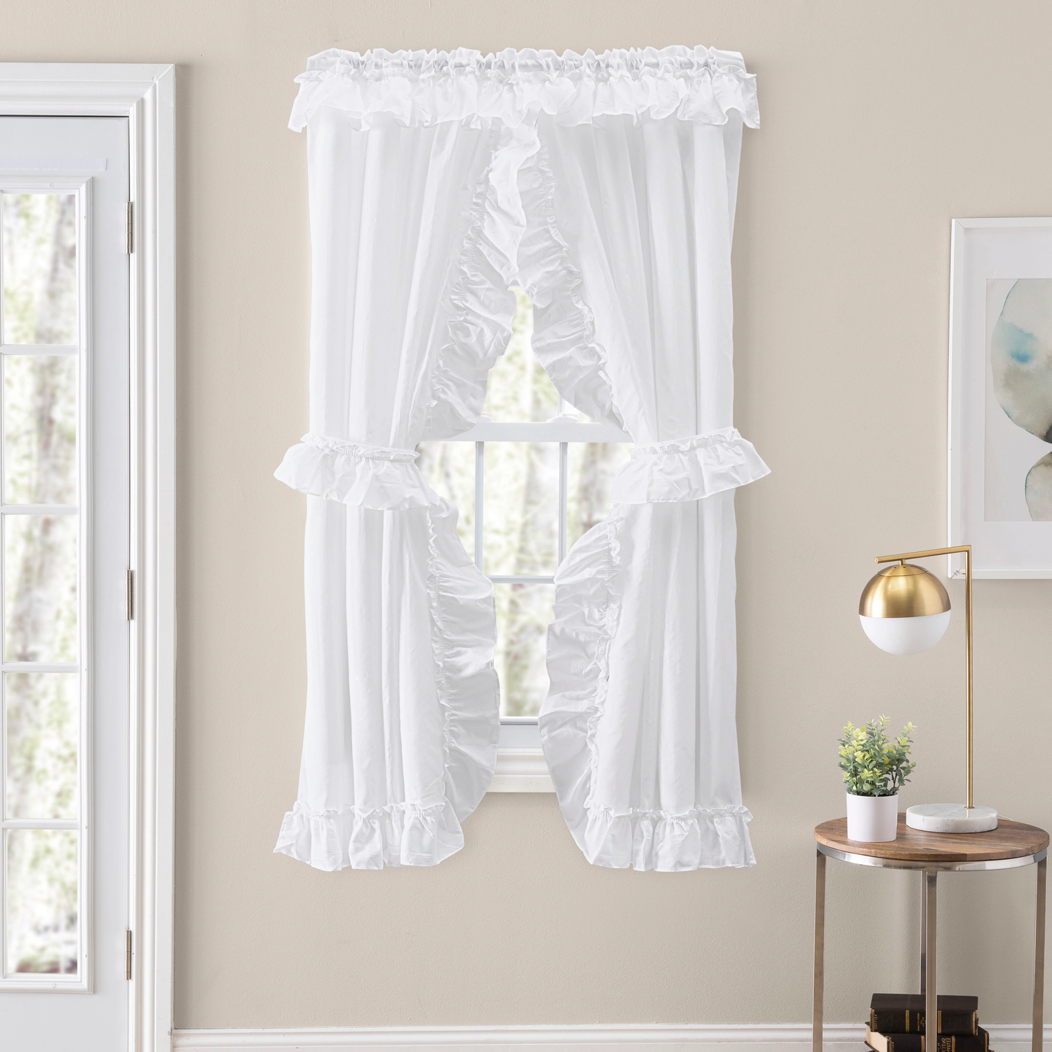 Ellis Curtain 70% Polyester 30% Cotton Stacey Ruffled Prscilla Curtain Panel Pairs With Tiebacks 54" x 84" White