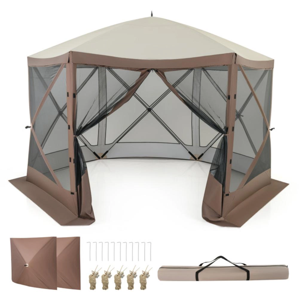 Hivvago Pop-up Gazebo 6-sided Instant Setup Screen House Hub Tent with Mesh Netting Walls-Coffee