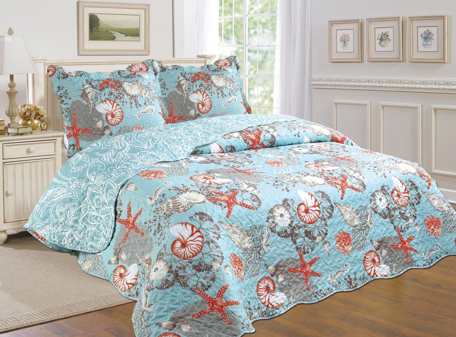 J&V TEXTILES 100% Microfiber Coastal Reversible Quilt Set